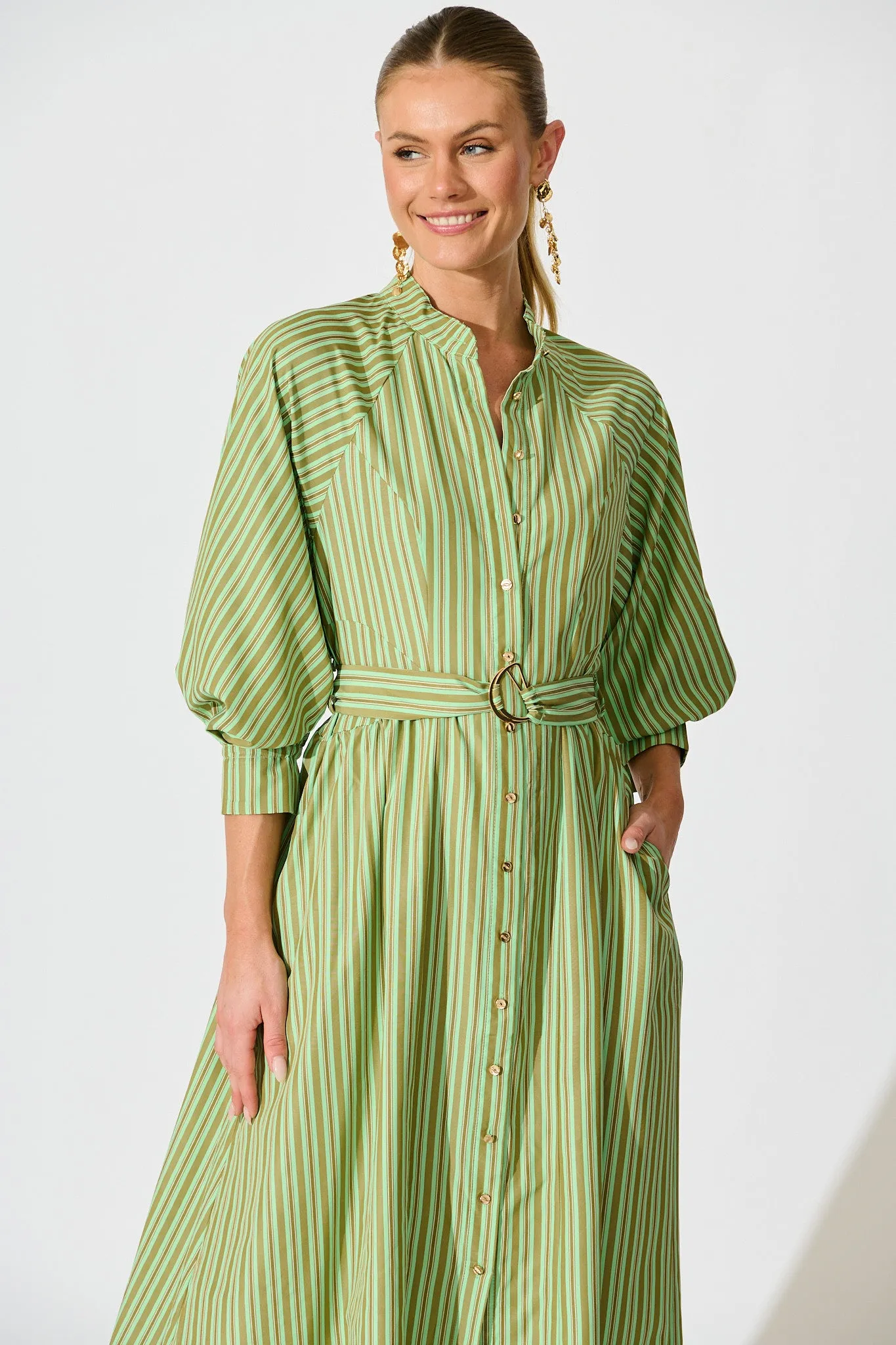 Tatiana Midi Shirt Dress in Green Stripe Cotton Blend sold by St Frock product image thumbnail 2