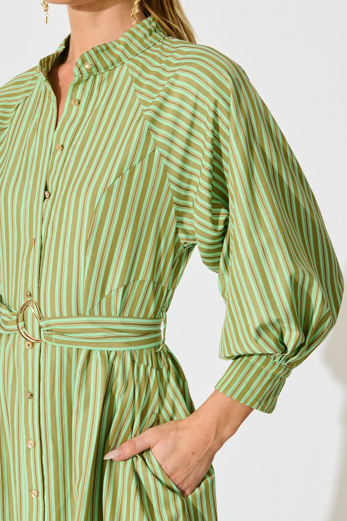 Tatiana Midi Shirt Dress in Green Stripe Cotton Blend sold by St Frock product image thumbnail 5