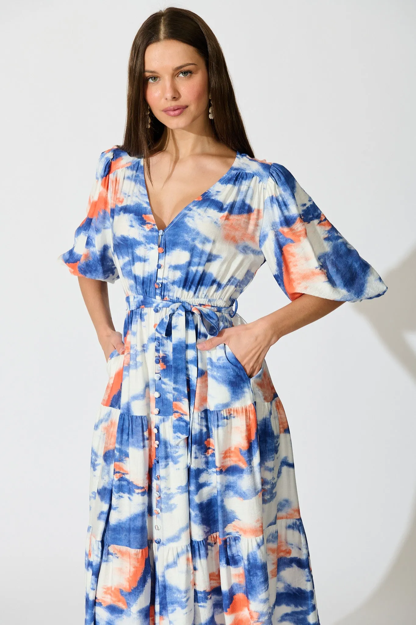 Mirana Midi Dress in Blue and White Watercolour sold by St Frock product image thumbnail 2