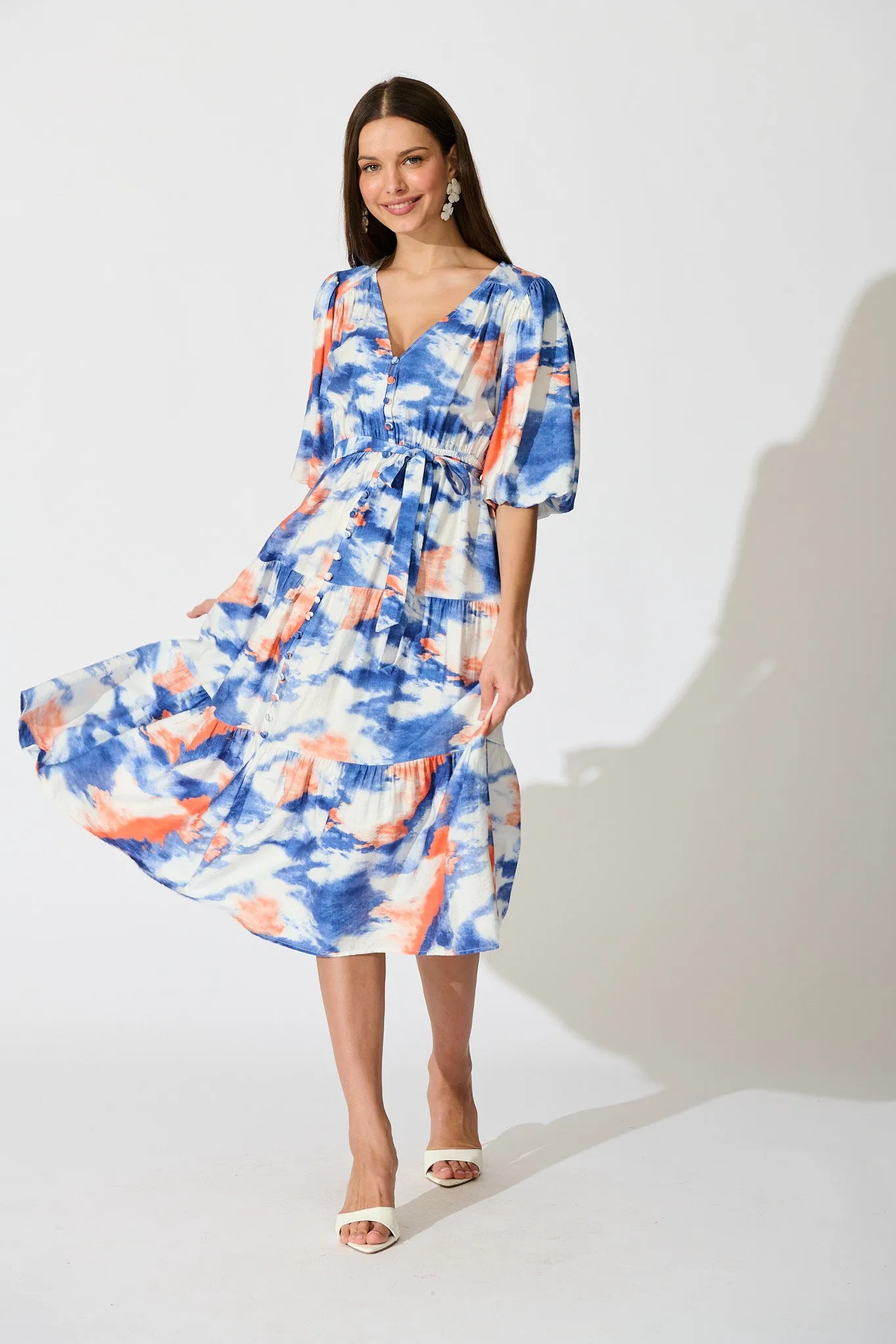 Mirana Midi Dress in Blue and White Watercolour sold by St Frock