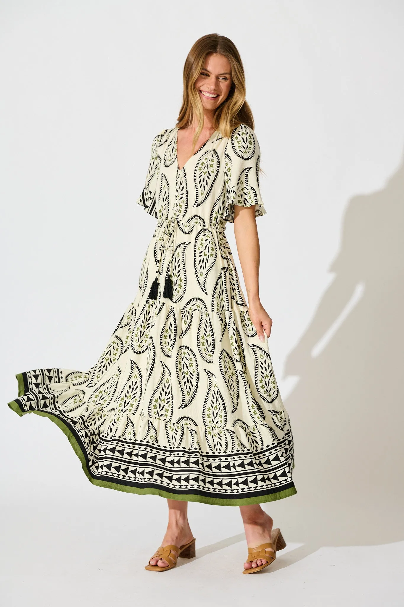 Effia Midi Dress in White with Black Paisley Print sold by St Frock