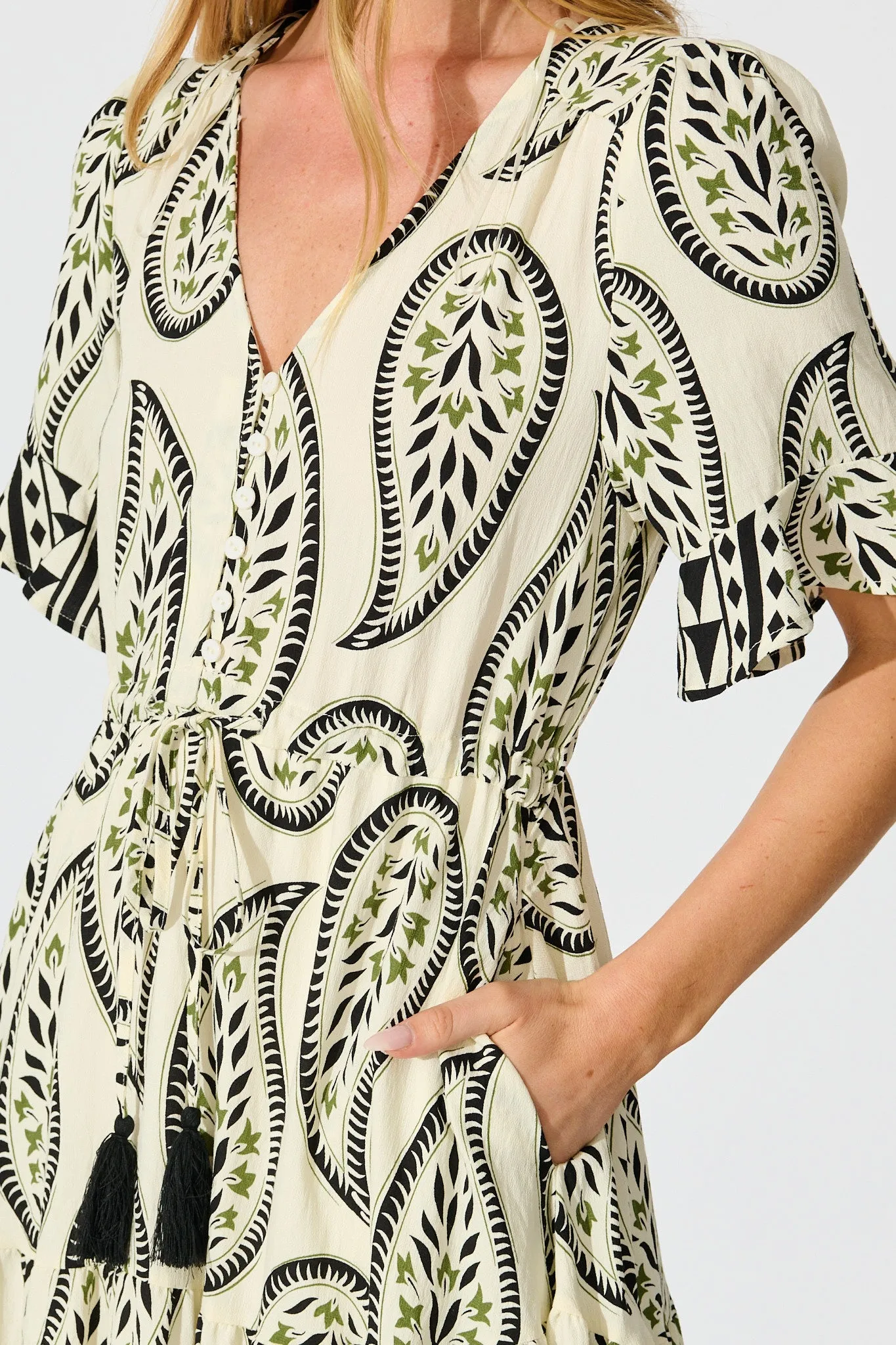 Effia Midi Dress in White with Black Paisley Print sold by St Frock product image thumbnail 5