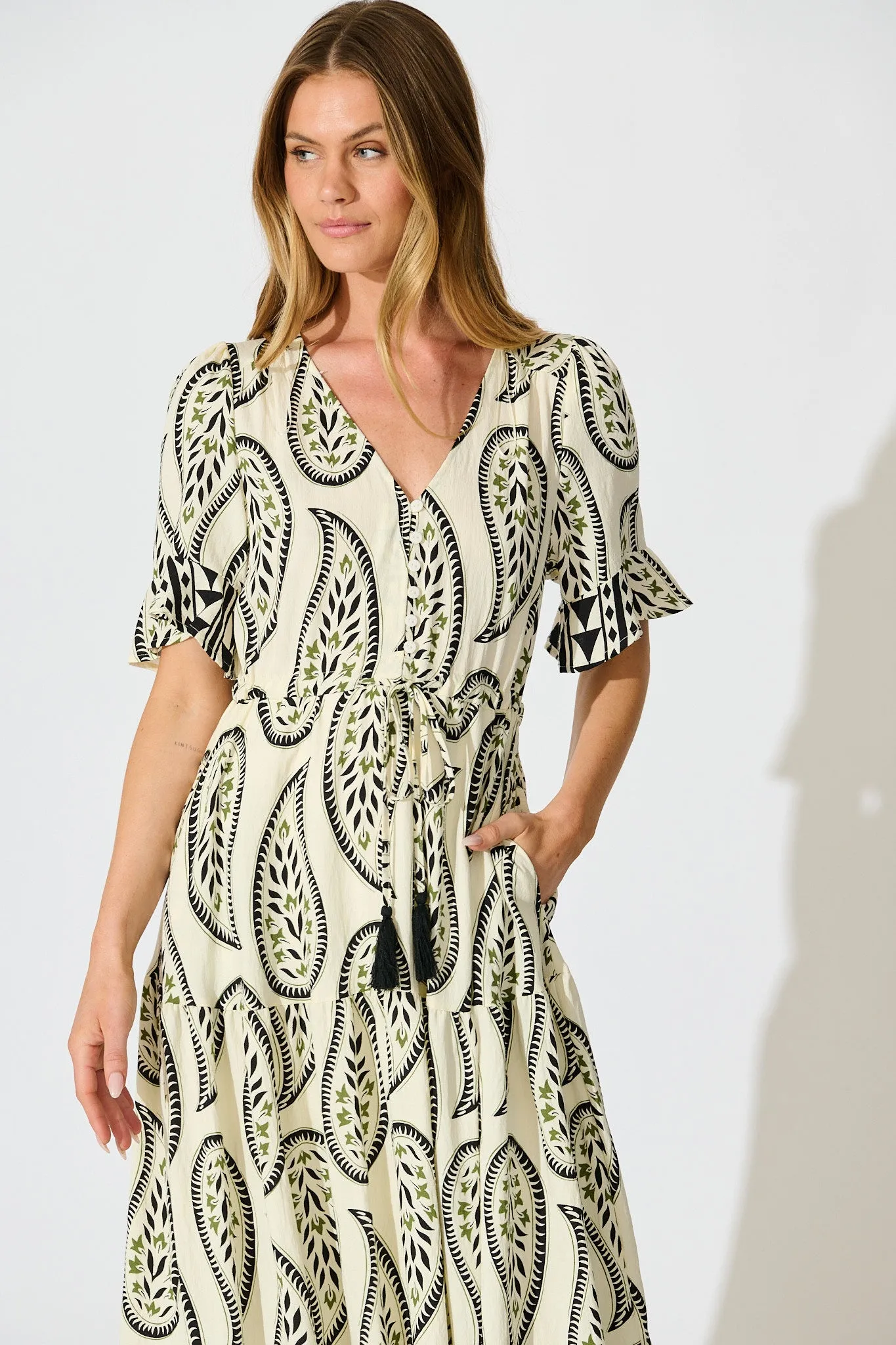 Effia Midi Dress in White with Black Paisley Print sold by St Frock product image thumbnail 2