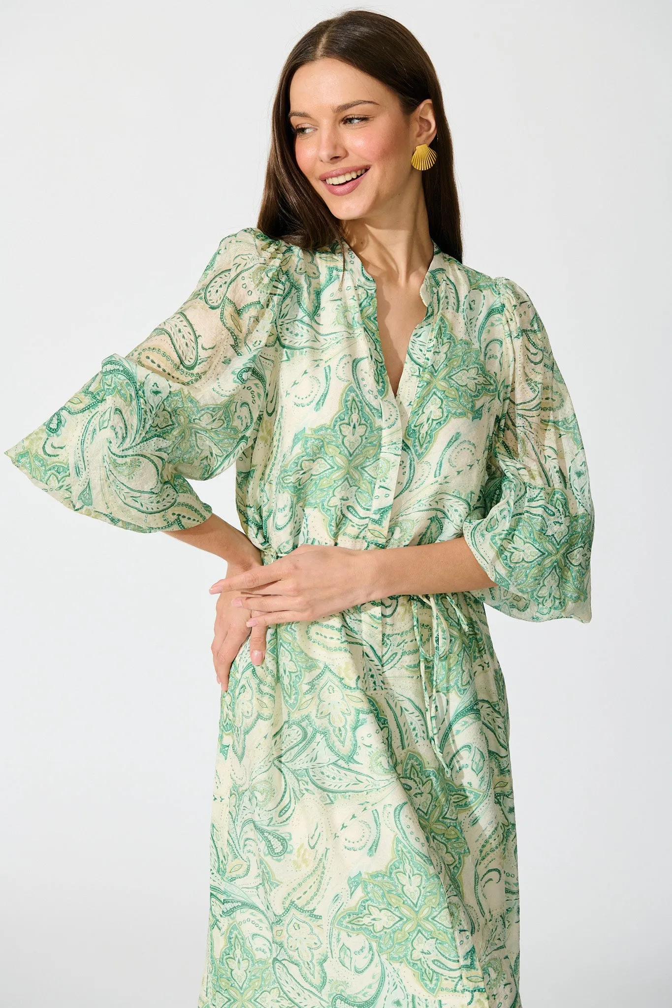 Halona Midi Dress in Green with Paisley Print sold by St Frock product image thumbnail 2