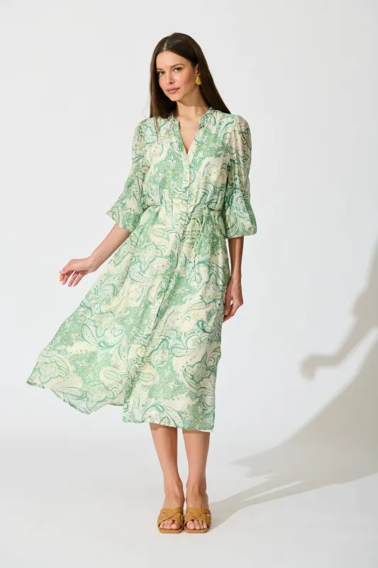 Halona Midi Dress in Green with Paisley Print sold by St Frock