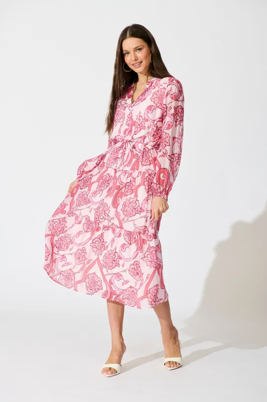 Halona Midi Dress in Pink with Paisley Print sold by St Frock