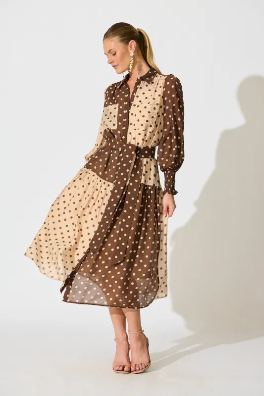 Isley Midi Shirt Dress in Multi Brown Polka Dot sold by St Frock