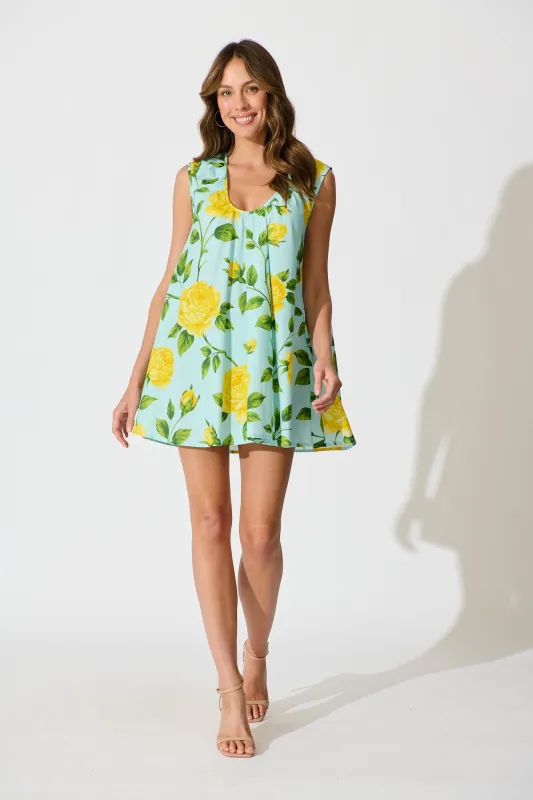 Lemon Drop Dress in Blue with Lemon Yellow Floral Cotton sold by St Frock