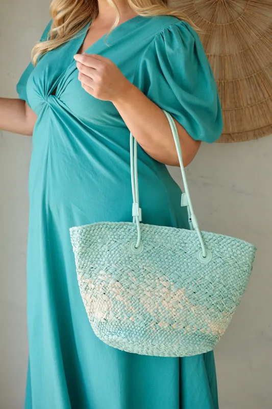 Sorrento Tote Bag in Aqua and Beige Raffia sold by St Frock
