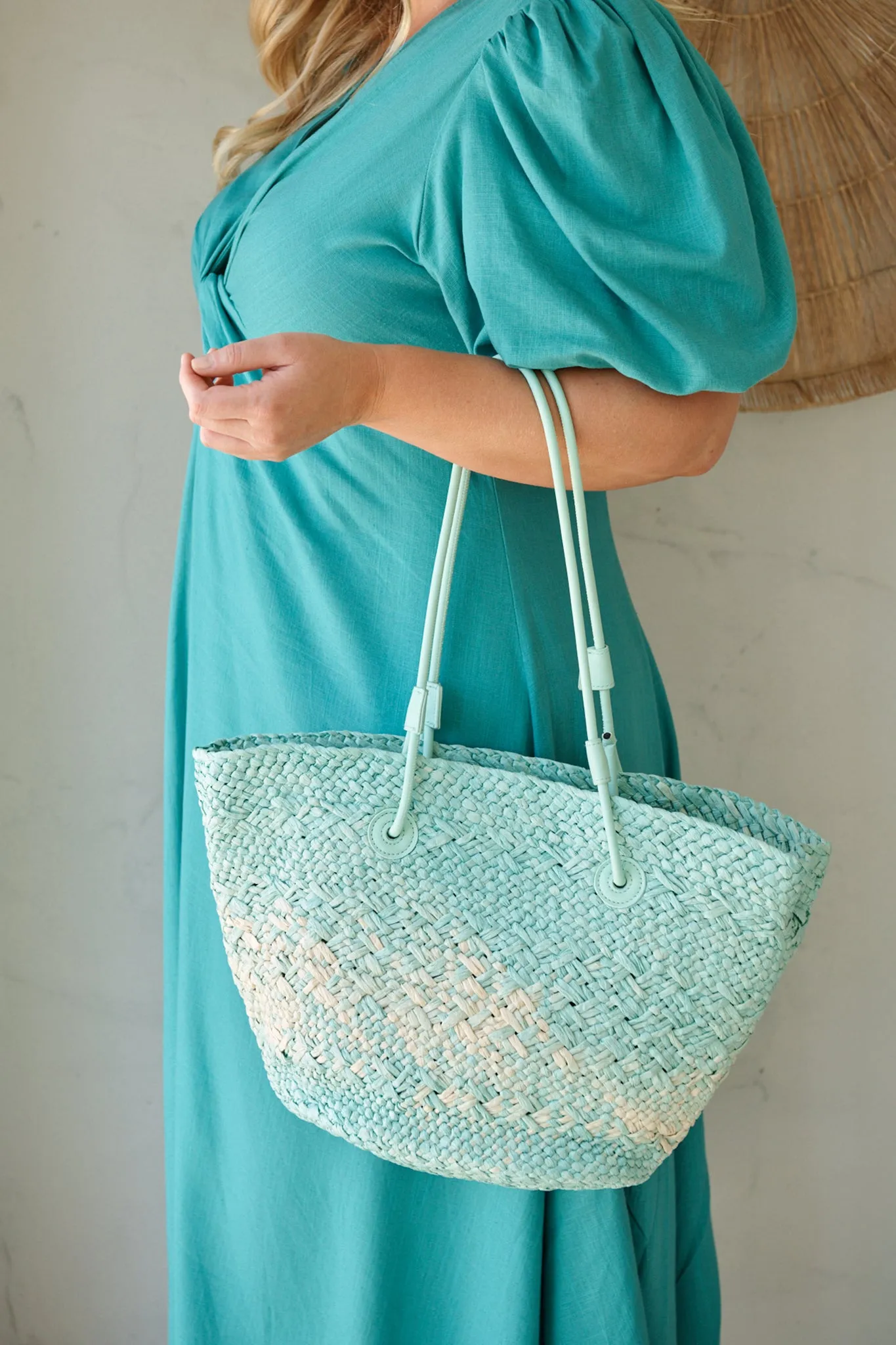 Sorrento Tote Bag in Aqua and Beige Raffia sold by St Frock product image thumbnail 5