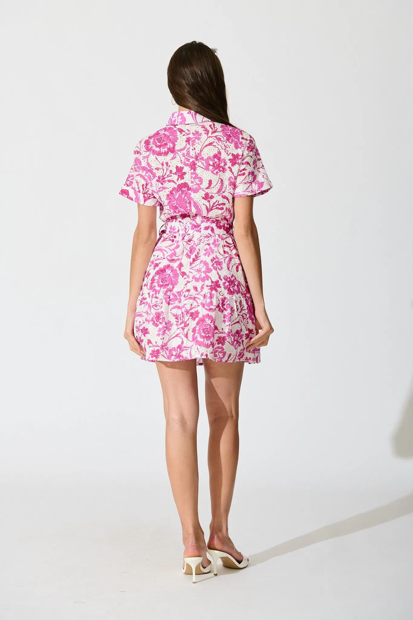 Kylea Shirt Dress in White with Pink Floral Embroidery sold by St Frock product image thumbnail 4