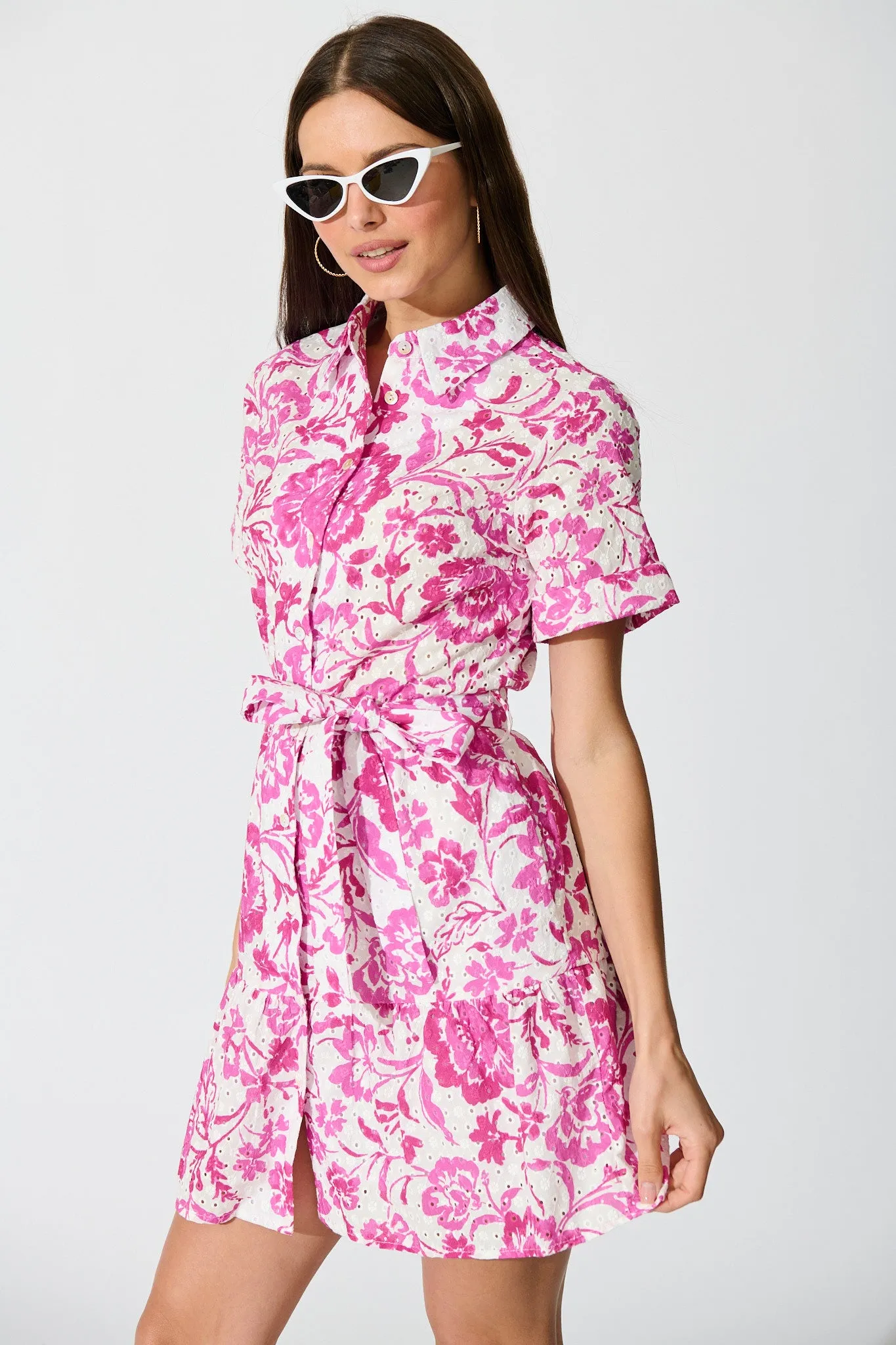 Kylea Shirt Dress in White with Pink Floral Embroidery sold by St Frock product image thumbnail 2