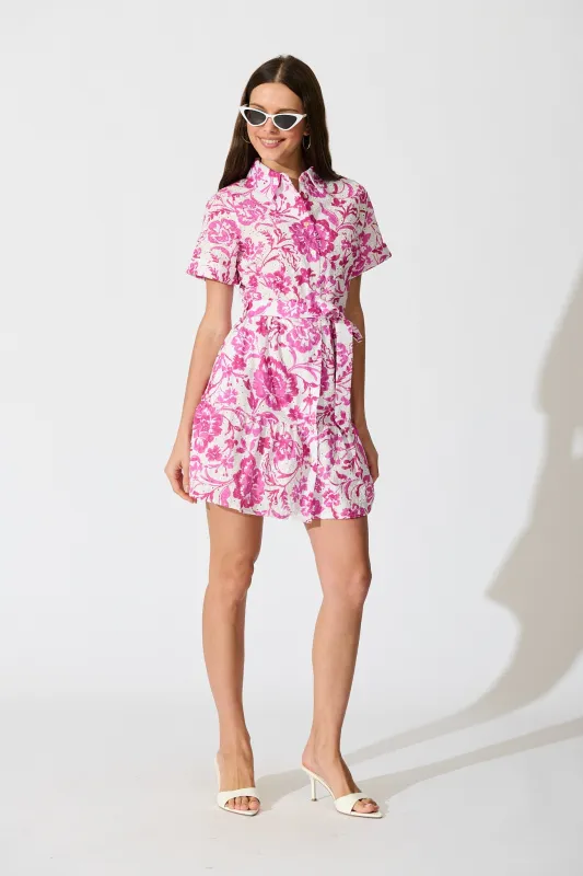 Kylea Shirt Dress in White with Pink Floral Embroidery sold by St Frock