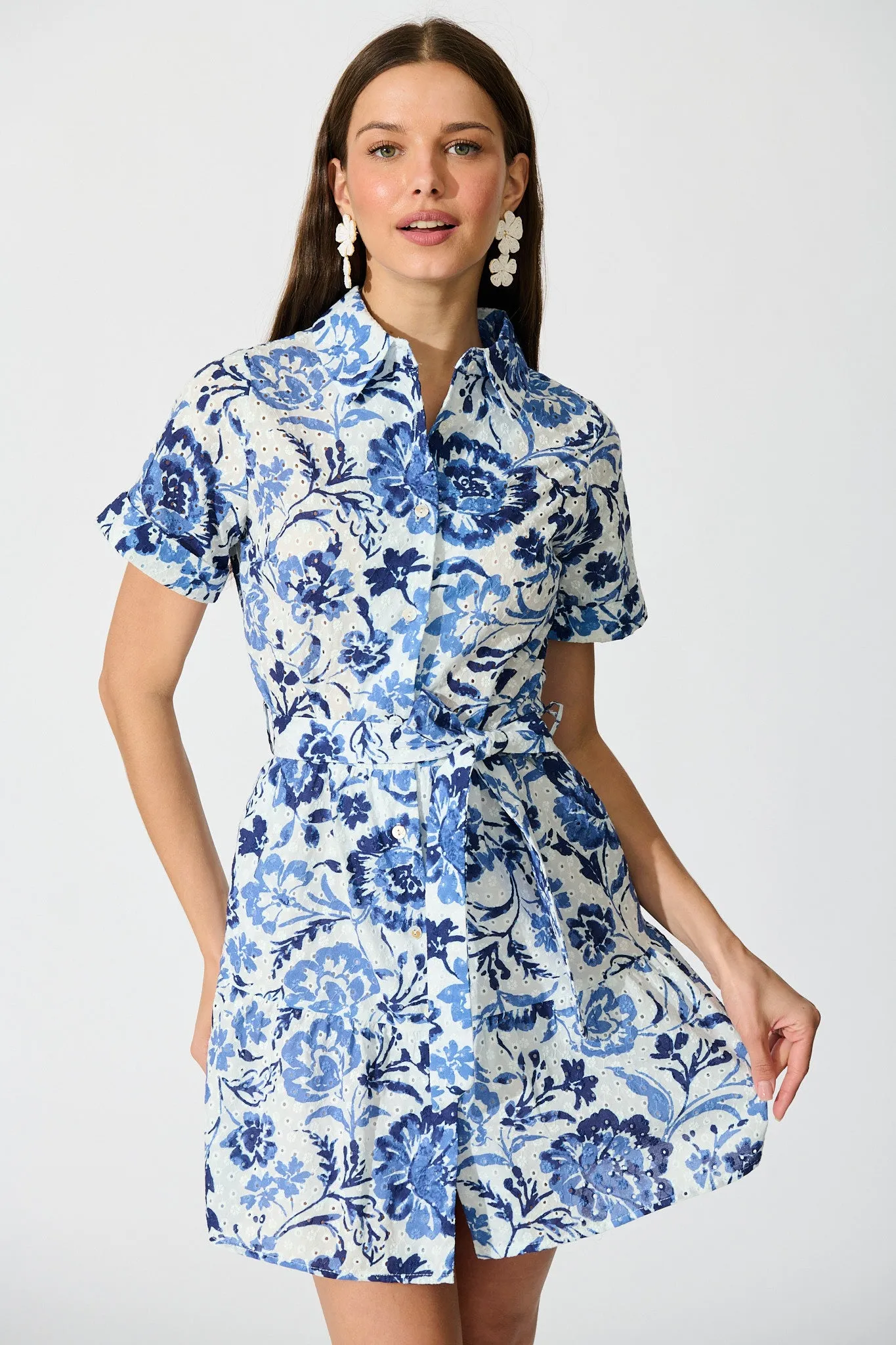 Kylea Shirt Dress in White with Blue Floral Embroidery sold by St Frock product image thumbnail 2