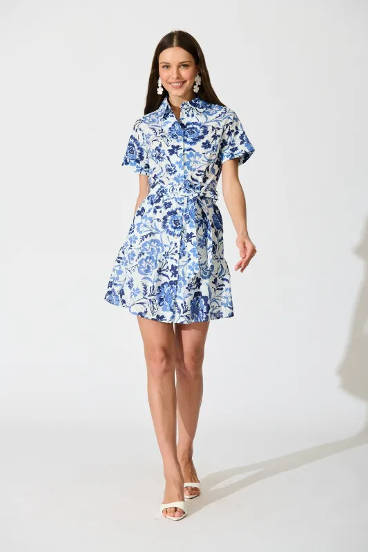 Kylea Shirt Dress in White with Blue Floral Embroidery sold by St Frock
