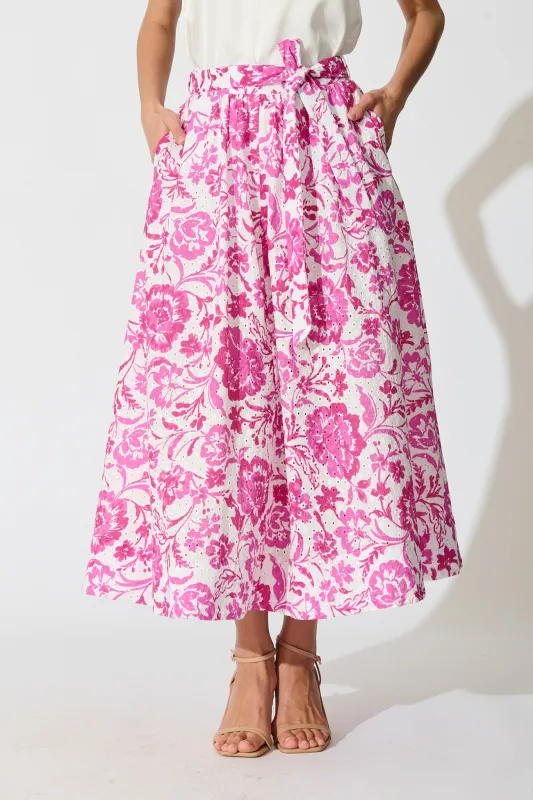 Florabel Maxi Skirt in White with Pink Floral Embroidery sold by St Frock