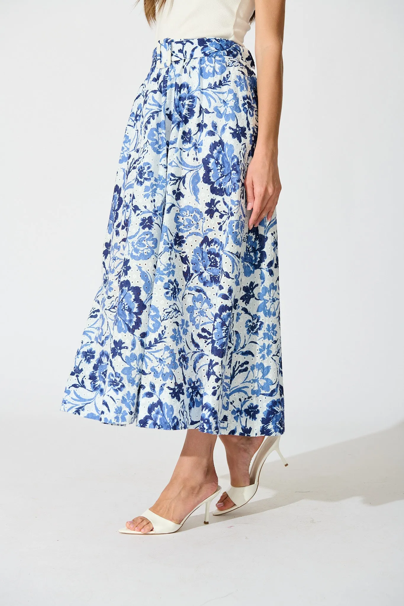 Florabel Maxi Skirt in White with Blue Floral Embroidery sold by St Frock product image thumbnail 2
