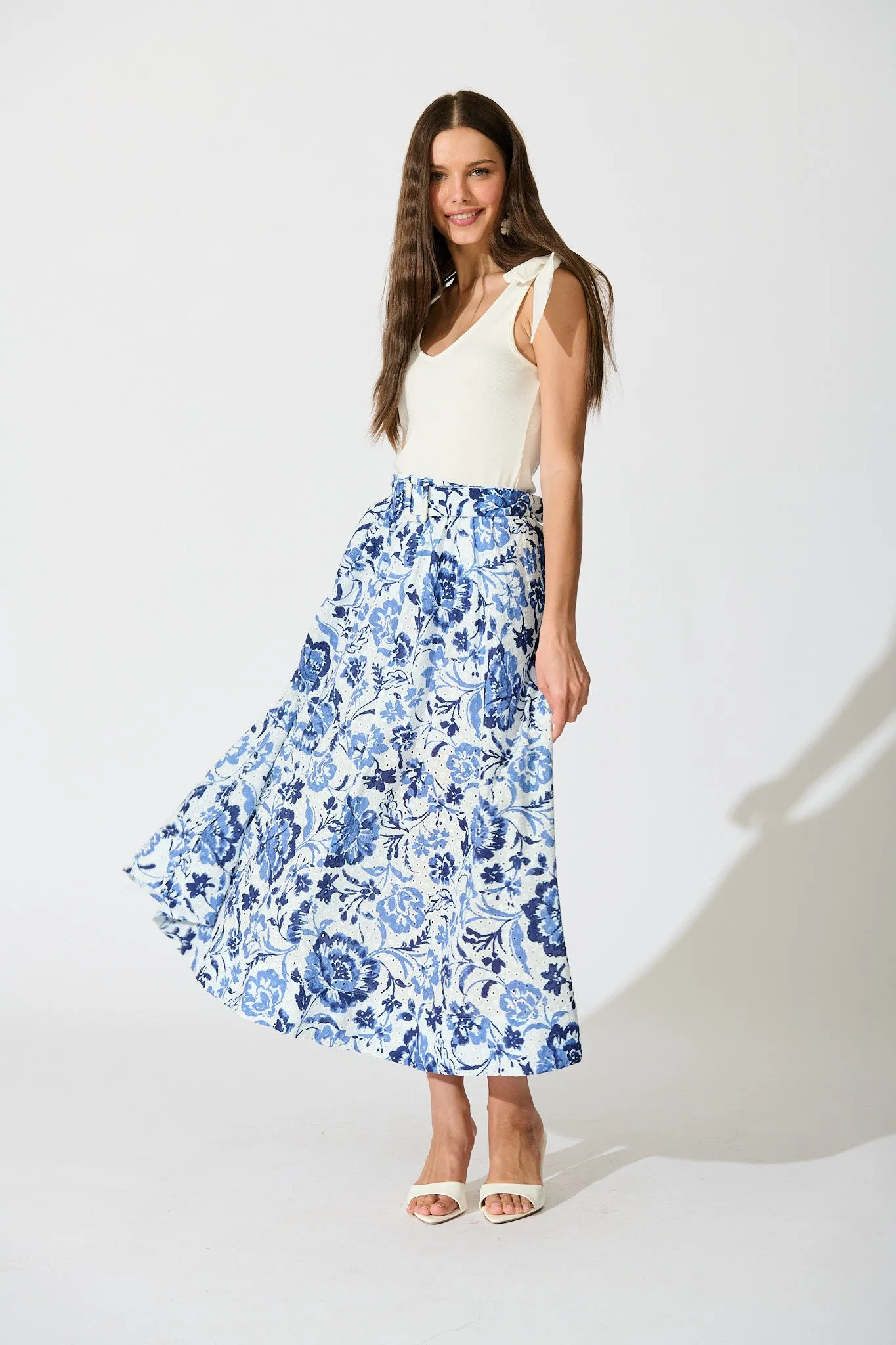 Florabel Maxi Skirt in White with Blue Floral Embroidery sold by St Frock product image thumbnail 5