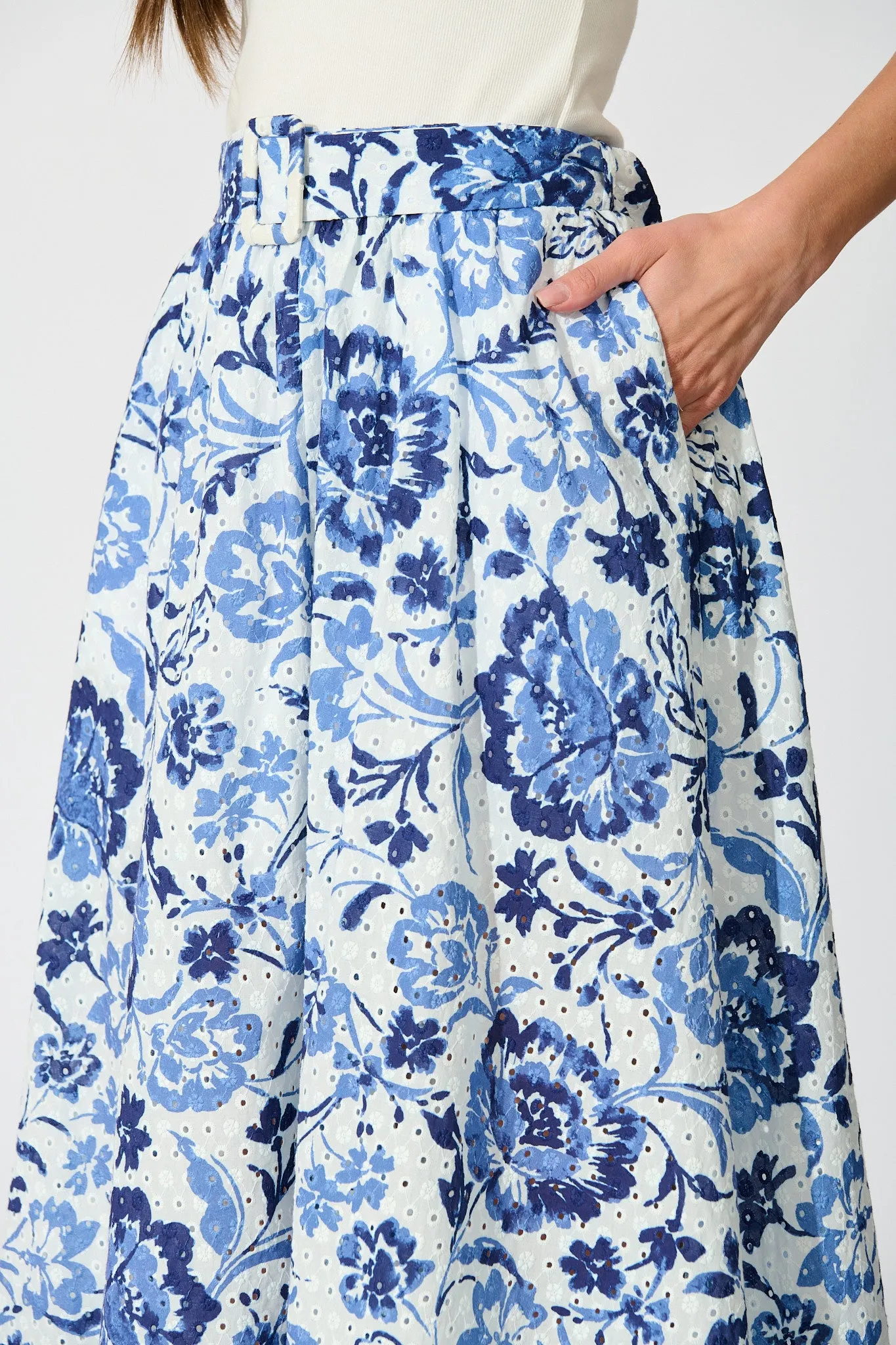 Florabel Maxi Skirt in White with Blue Floral Embroidery sold by St Frock product image thumbnail 4