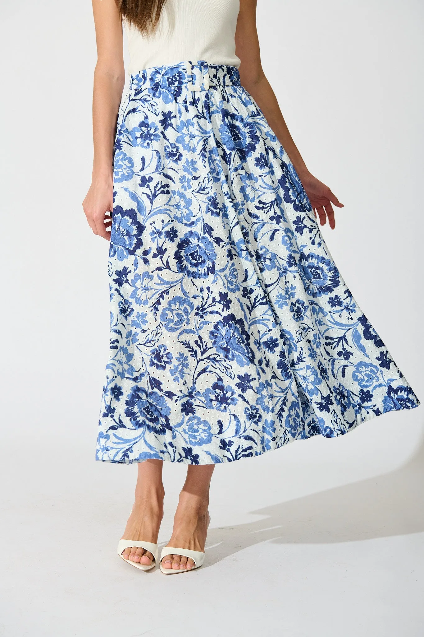 Florabel Maxi Skirt in White with Blue Floral Embroidery sold by St Frock