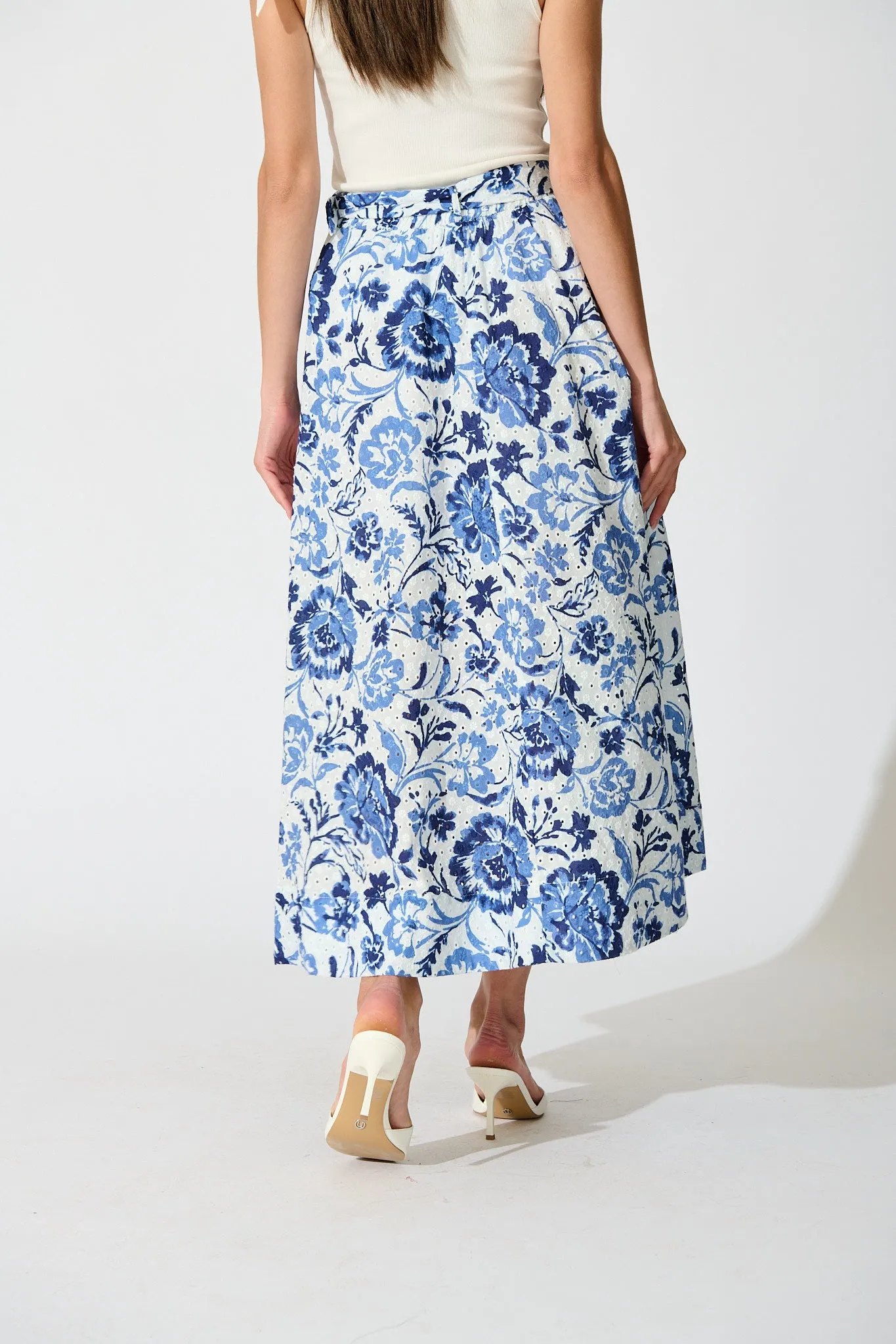 Florabel Maxi Skirt in White with Blue Floral Embroidery sold by St Frock product image thumbnail 3