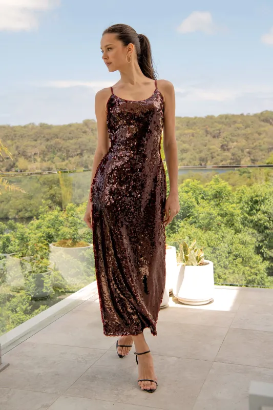Out Till Dawn Midi Dress in Wine Sequin sold by St Frock
