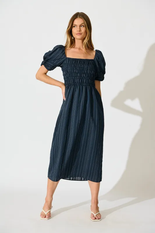 Rouse Midi Dress in Navy with White Stripe Cotton Blend sold by St Frock