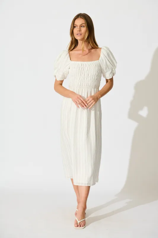 Rouse Midi Dress in White with Black Stripe Cotton Blend sold by St Frock