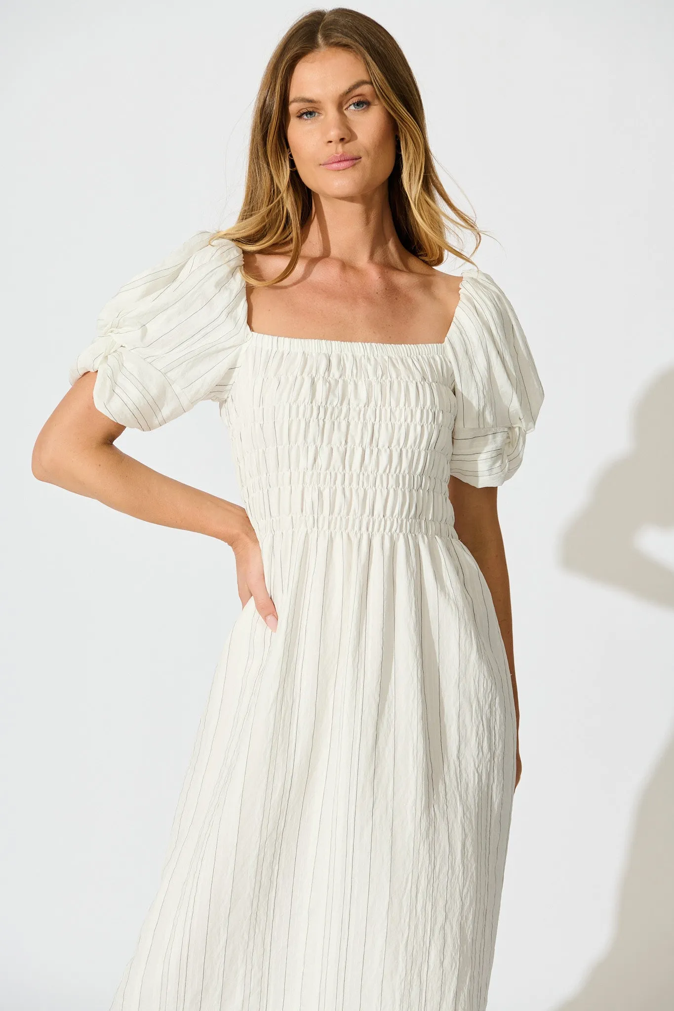 Rouse Midi Dress in White with Black Stripe Cotton Blend sold by St Frock product image thumbnail 2