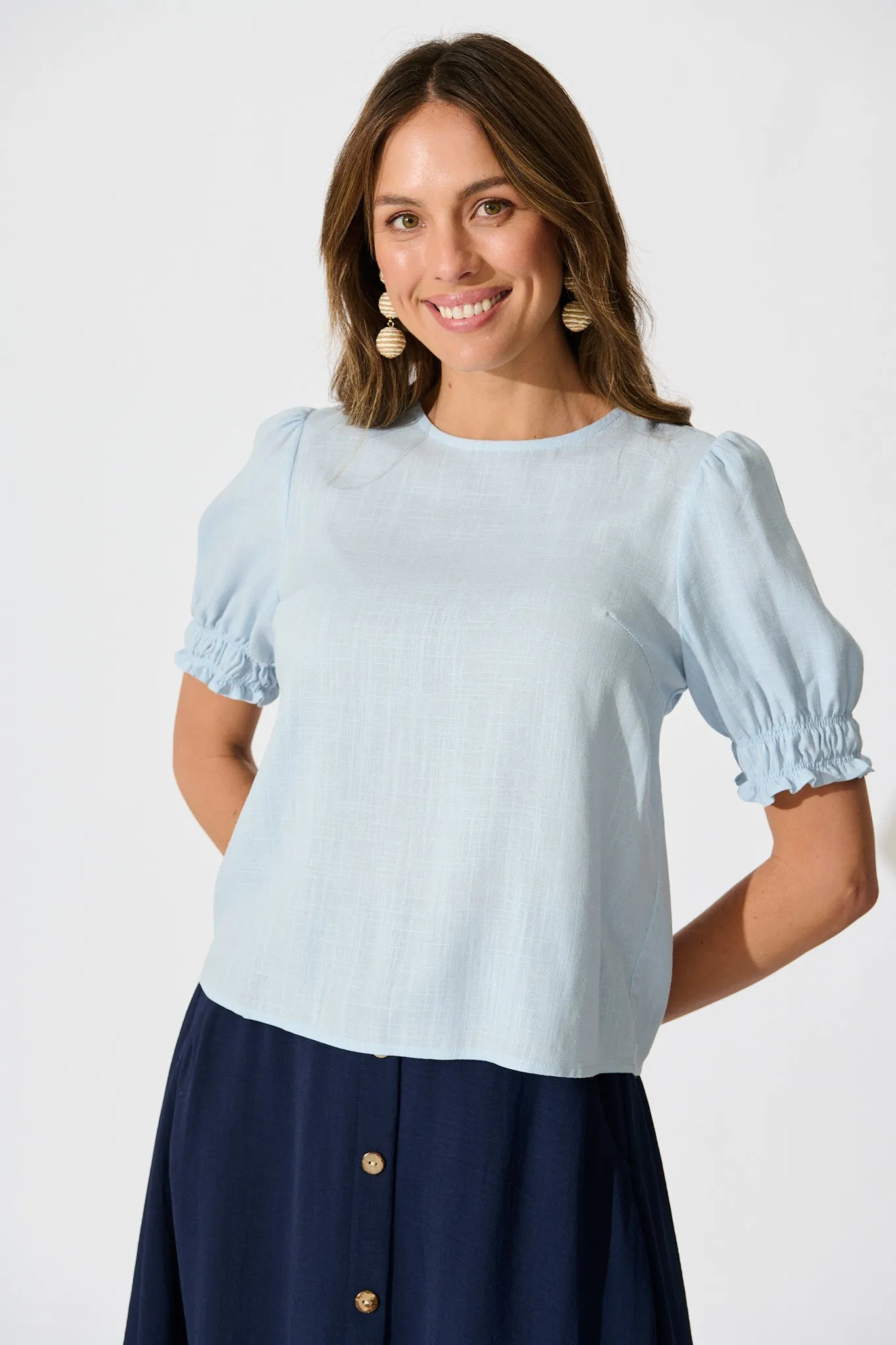 Melanie Top in Pale Blue Cotton Linen sold by St Frock