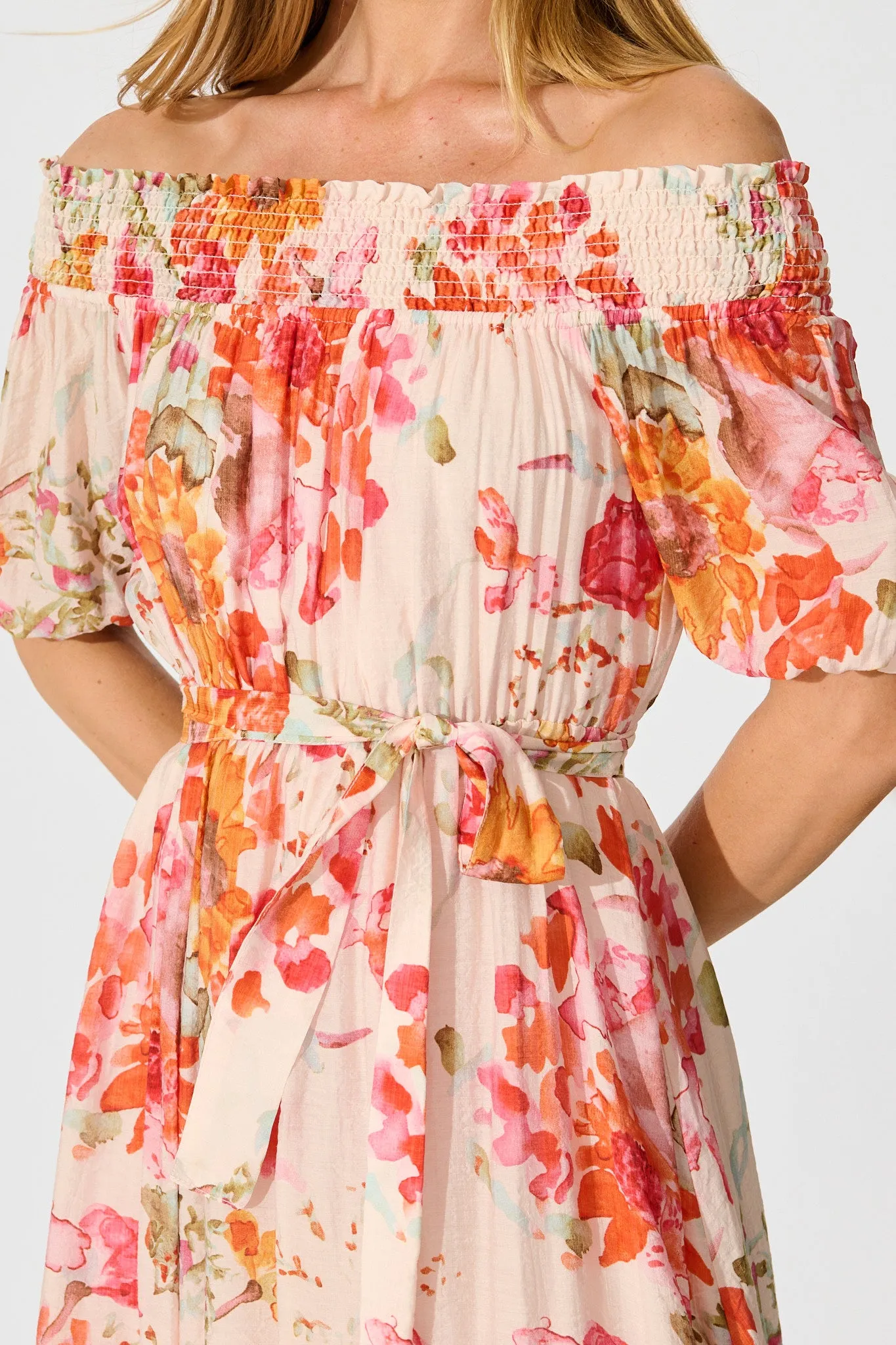 Fotini Off the Shoulder Dress in Blush with Tangerine Floral sold by St Frock product image thumbnail 5