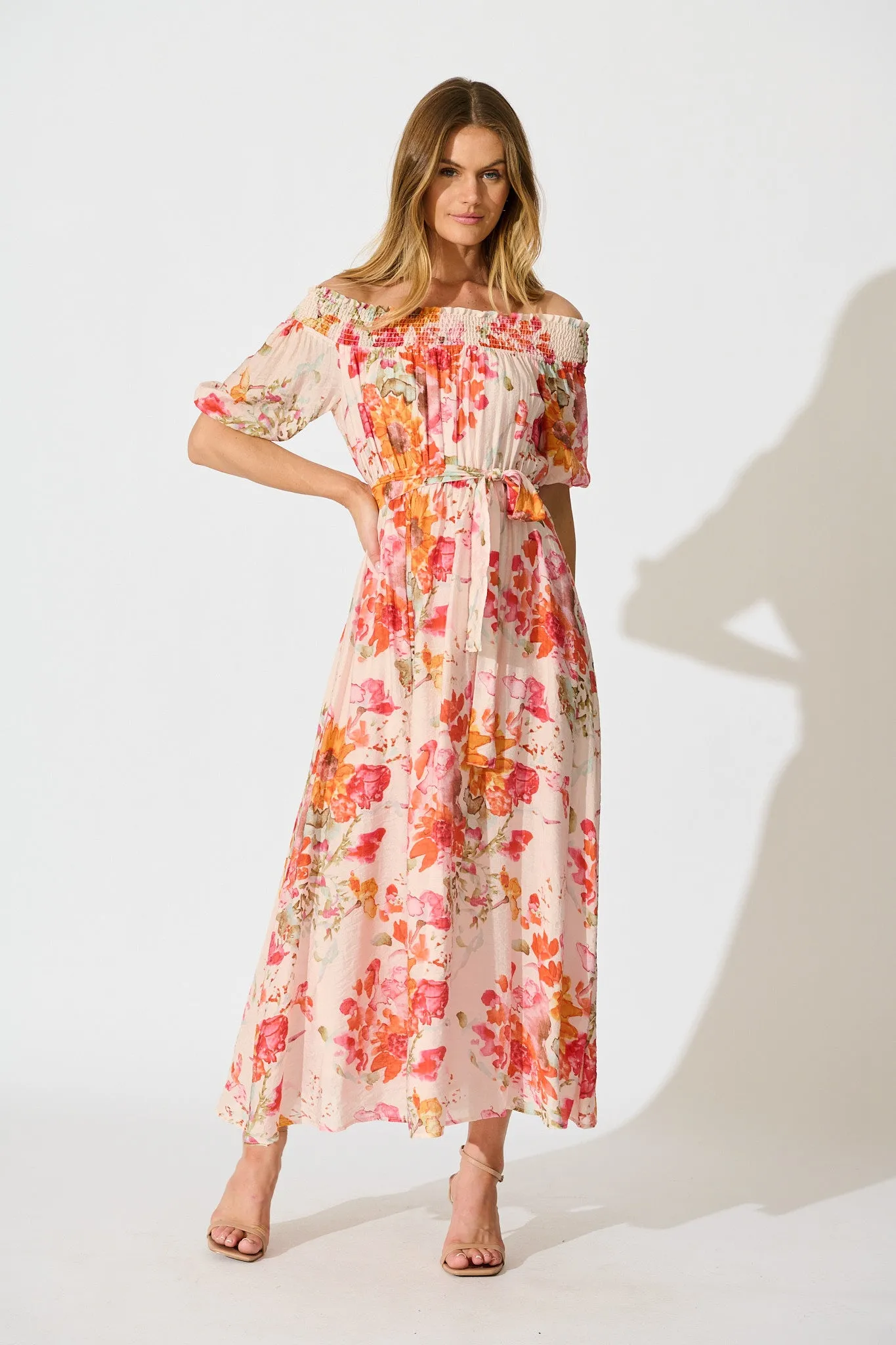 Fotini Off the Shoulder Dress in Blush with Tangerine Floral sold by St Frock
