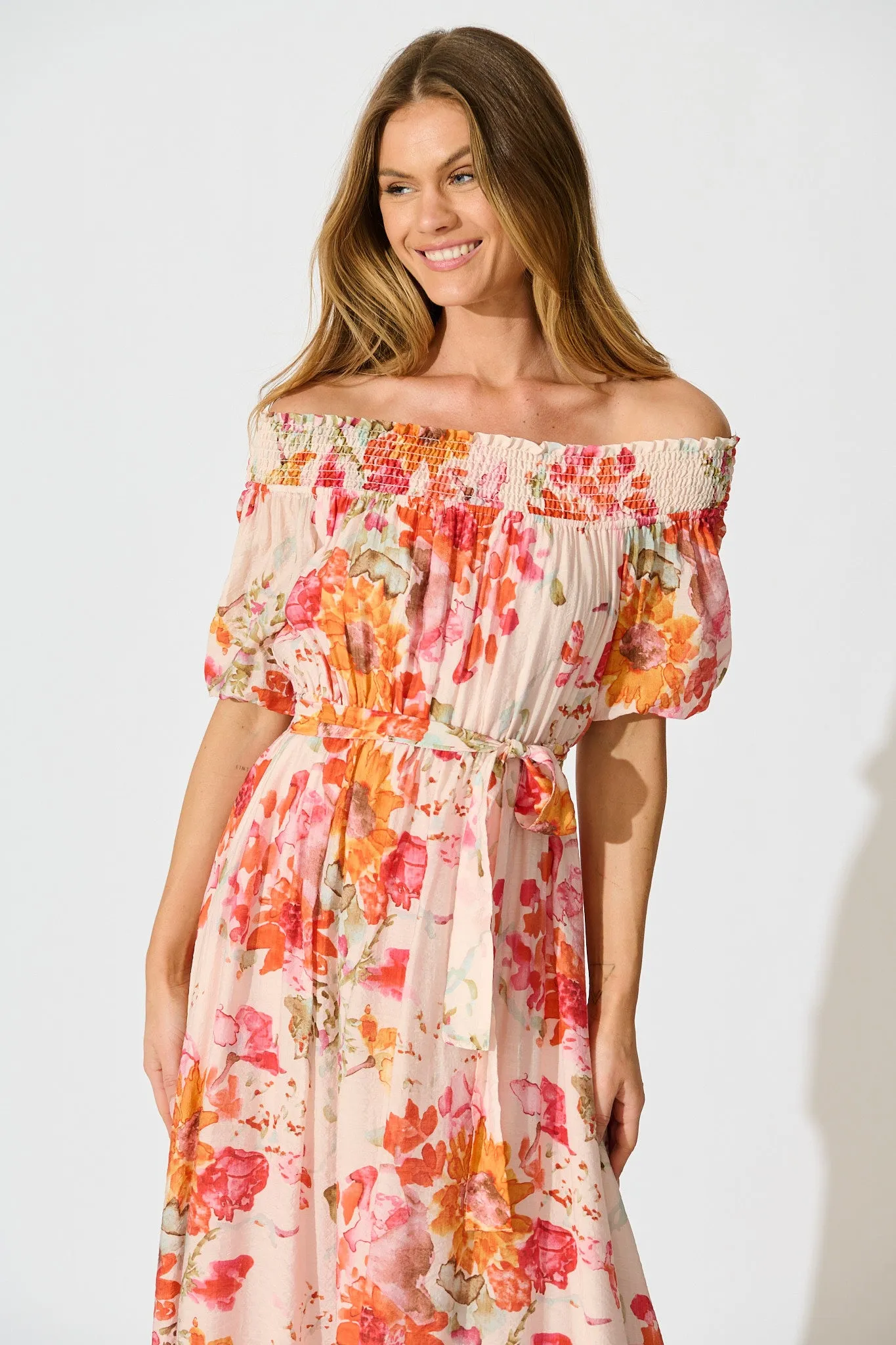 Fotini Off the Shoulder Dress in Blush with Tangerine Floral sold by St Frock product image thumbnail 2
