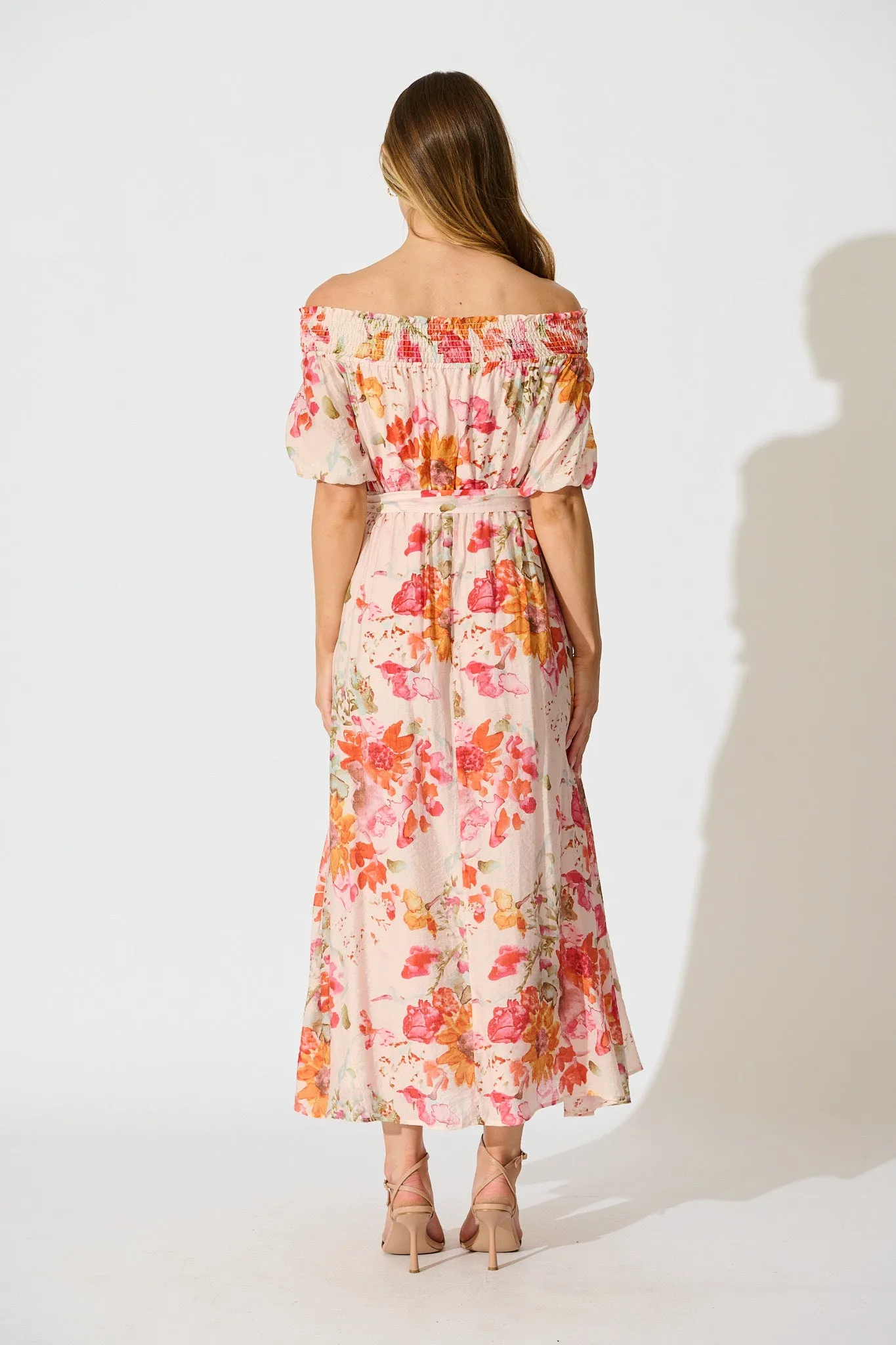 Fotini Off the Shoulder Dress in Blush with Tangerine Floral sold by St Frock product image thumbnail 4
