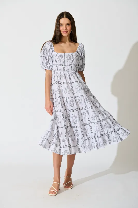 Oden Midi Dress in White Tile Print Cotton sold by St Frock