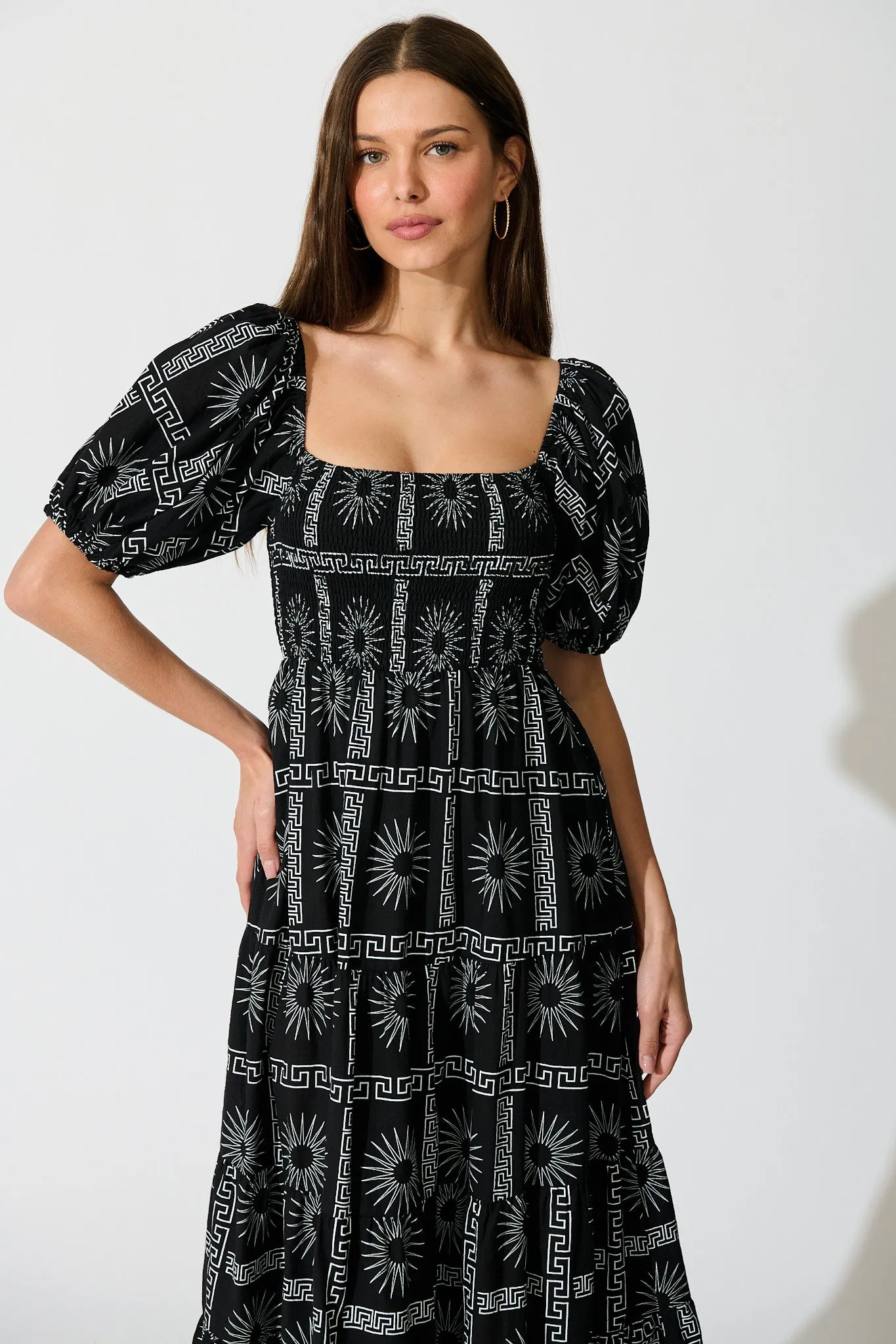 Oden Midi Dress in Black Tile Print Cotton sold by St Frock product image thumbnail 2