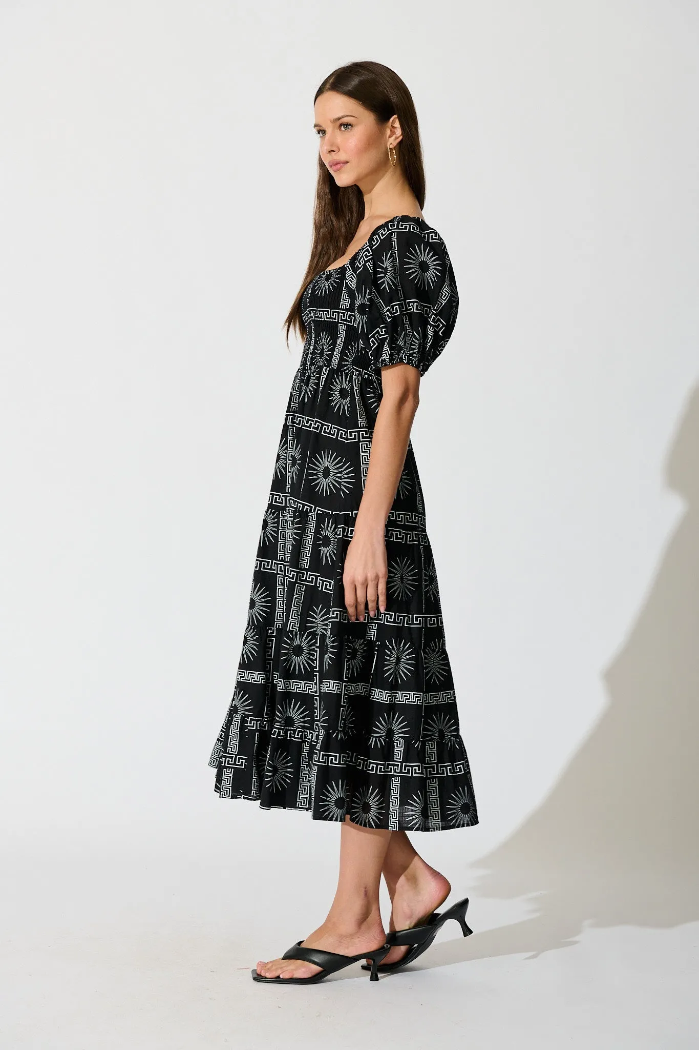 Oden Midi Dress in Black Tile Print Cotton sold by St Frock product image thumbnail 3