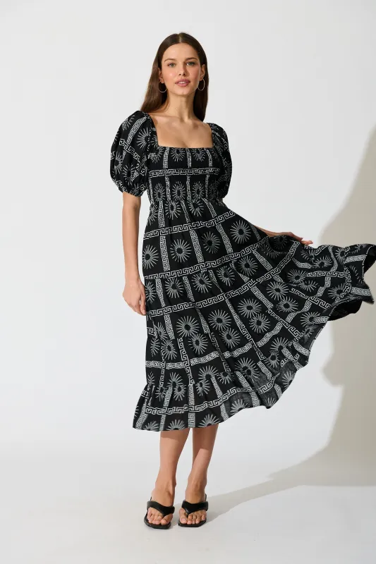 Oden Midi Dress in Black Tile Print Cotton sold by St Frock