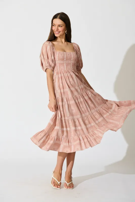 Oden Midi Dress in Dusty Pink Tile Print Cotton sold by St Frock