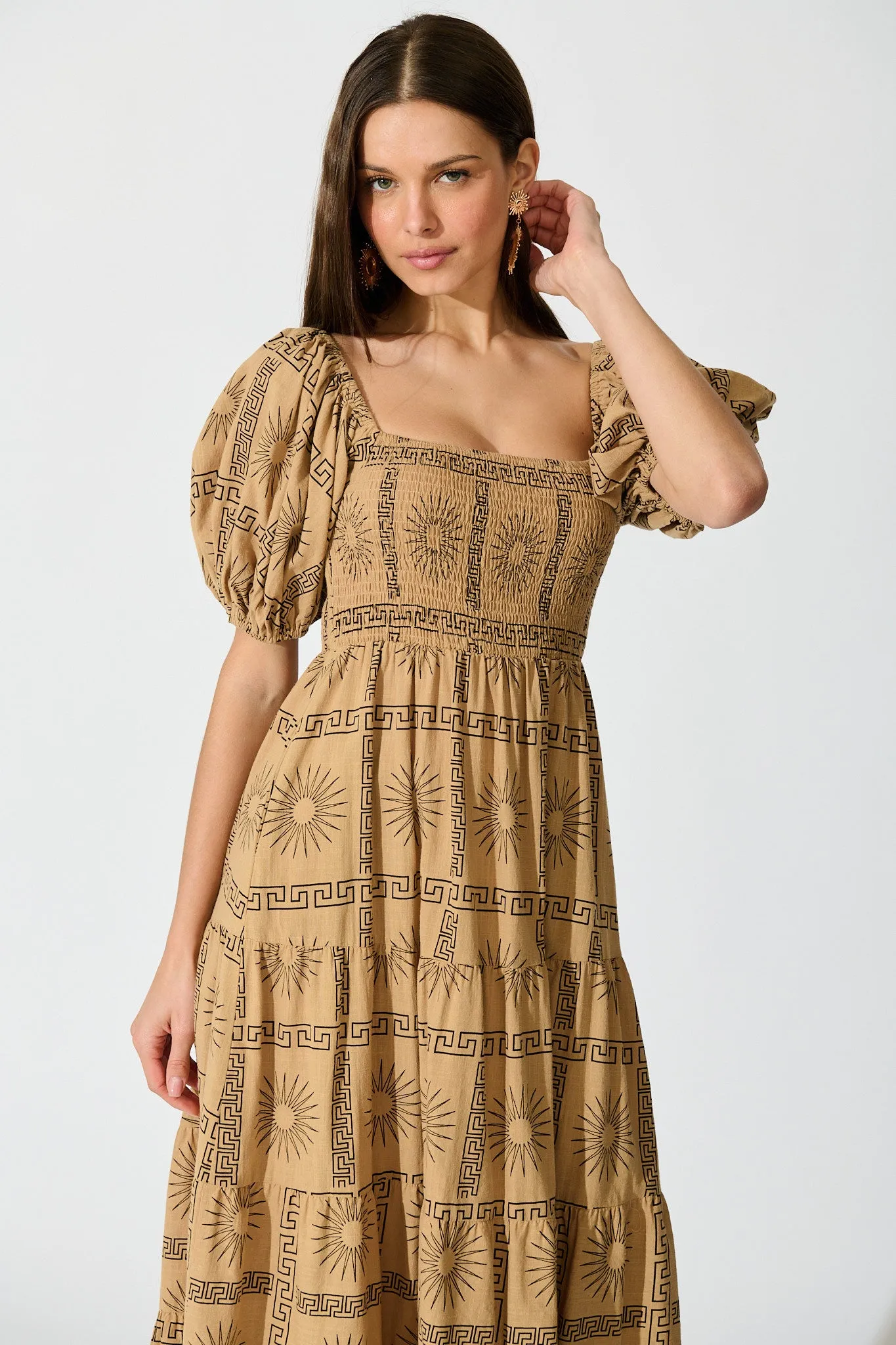 Oden Midi Dress in Camel Tile Print Cotton sold by St Frock product image thumbnail 2