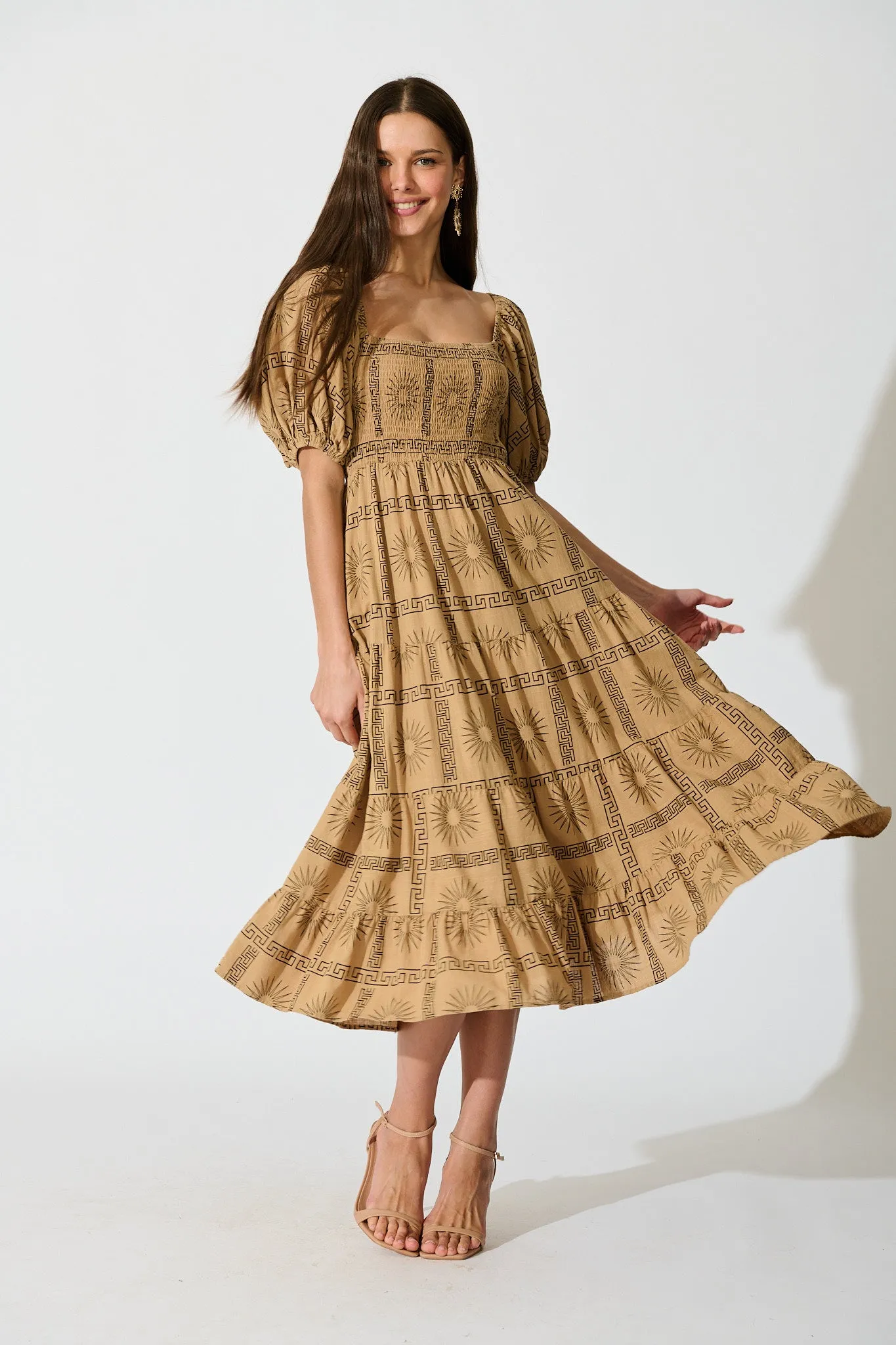 Oden Midi Dress in Camel Tile Print Cotton sold by St Frock