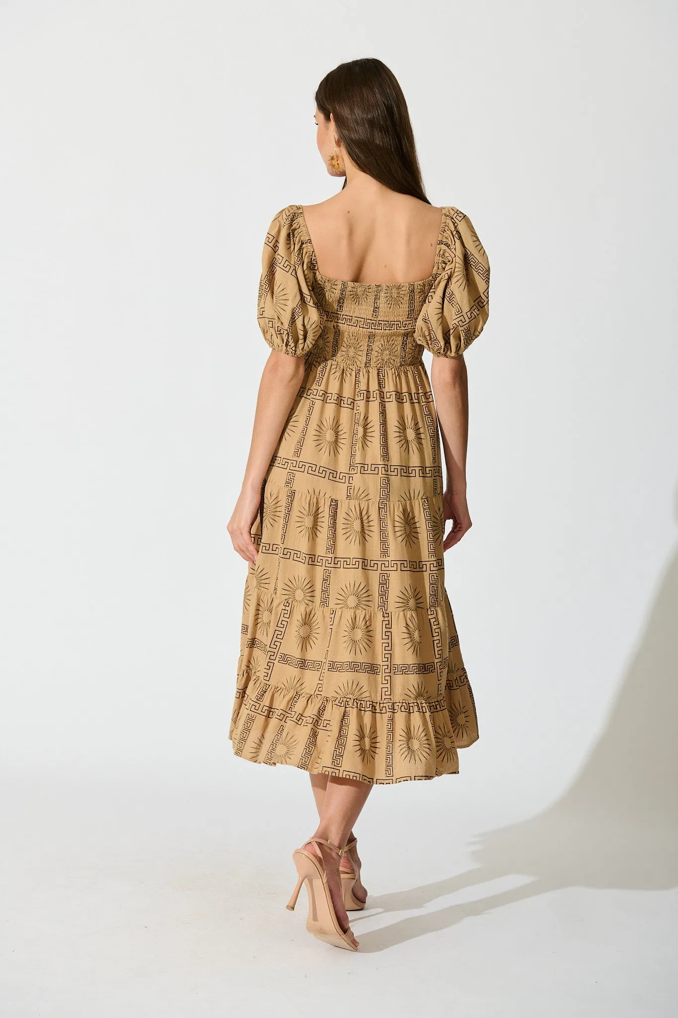 Oden Midi Dress in Camel Tile Print Cotton sold by St Frock product image thumbnail 4