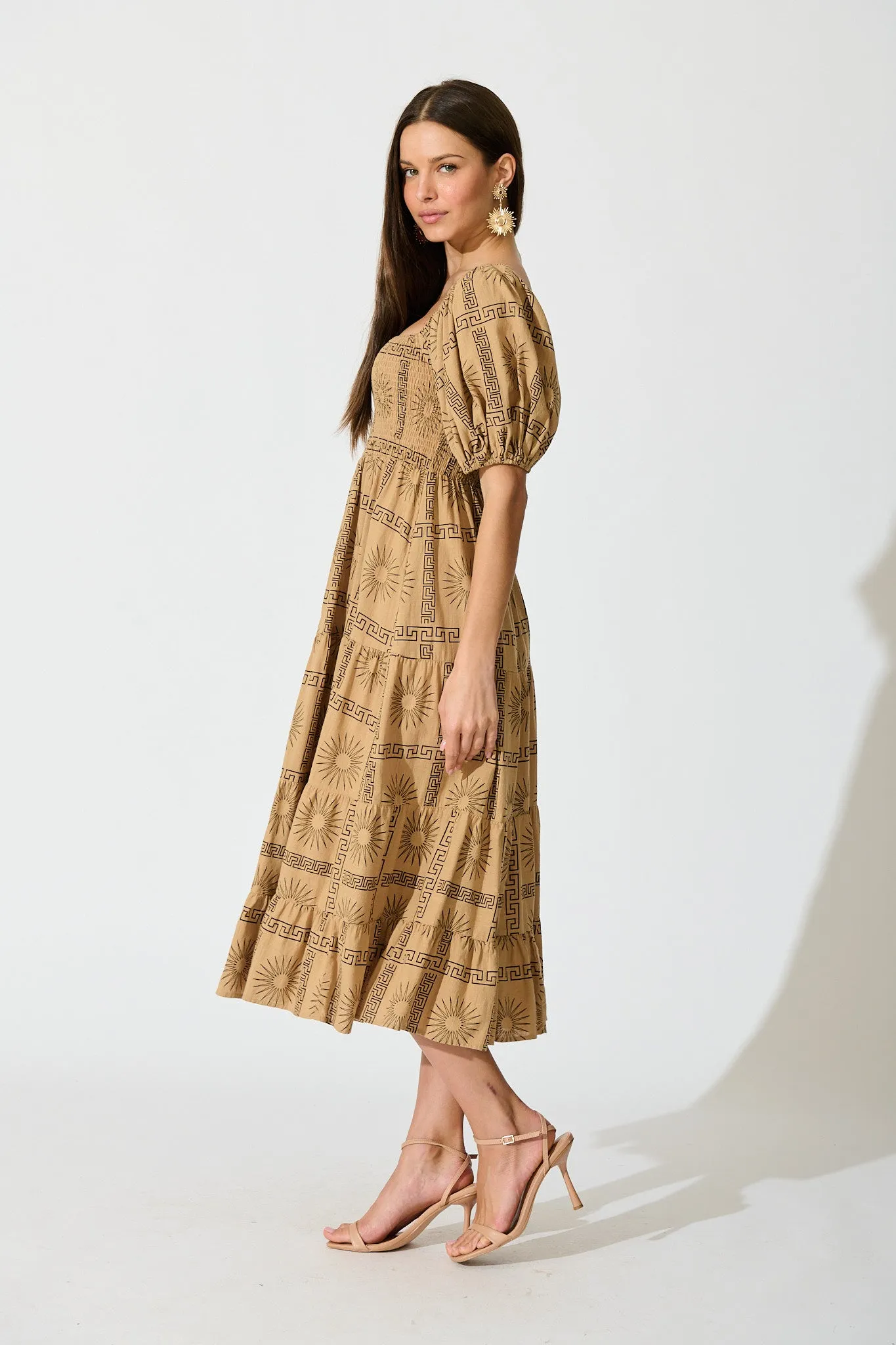 Oden Midi Dress in Camel Tile Print Cotton sold by St Frock product image thumbnail 3