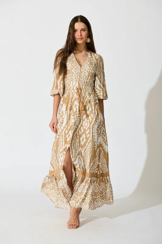 Amarie Maxi Dress in Beige and White Boho Print sold by St Frock
