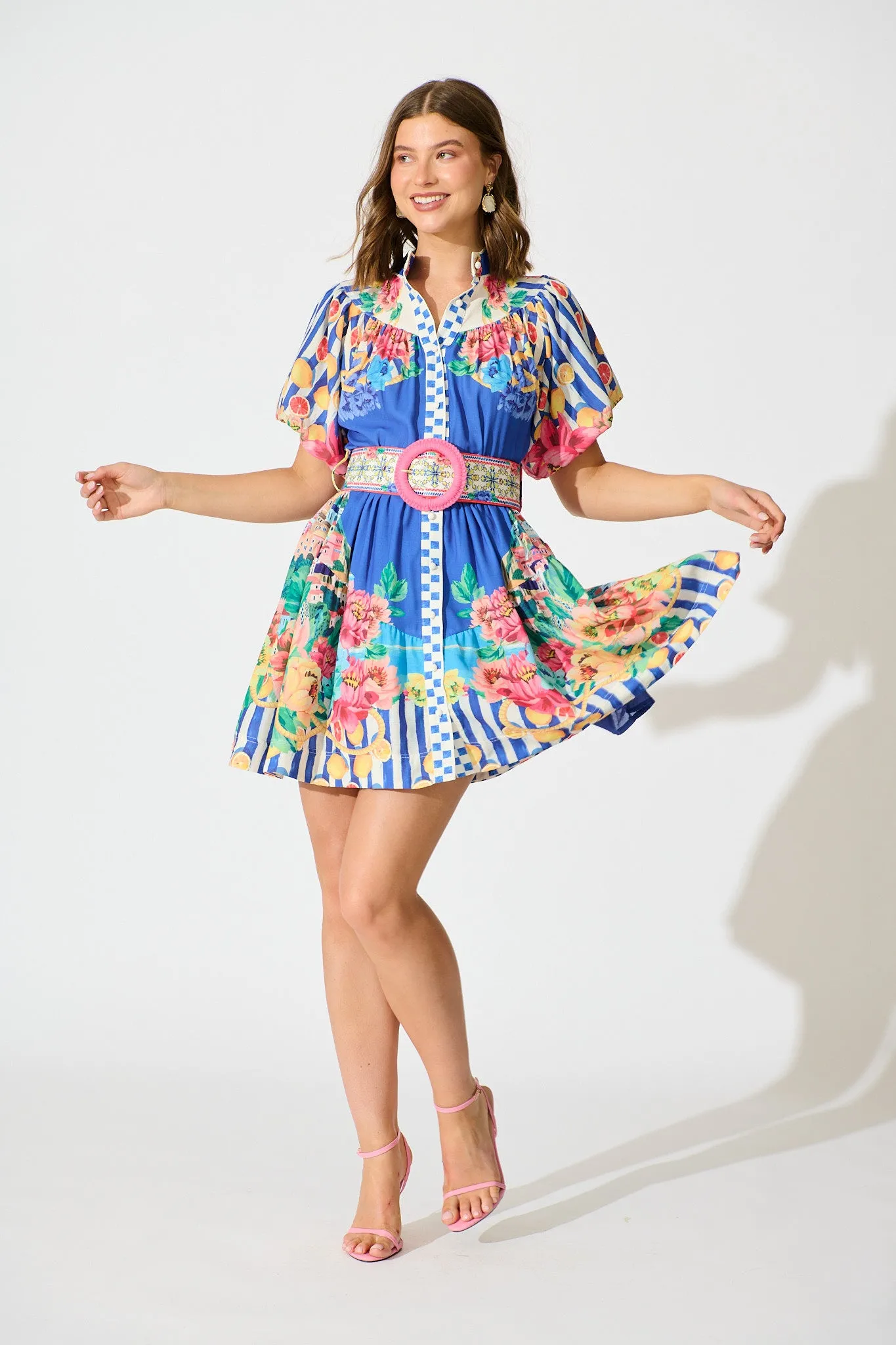 Positano Dress in Blue Floral and Lemon Cotton Linen sold by St Frock product image thumbnail 3