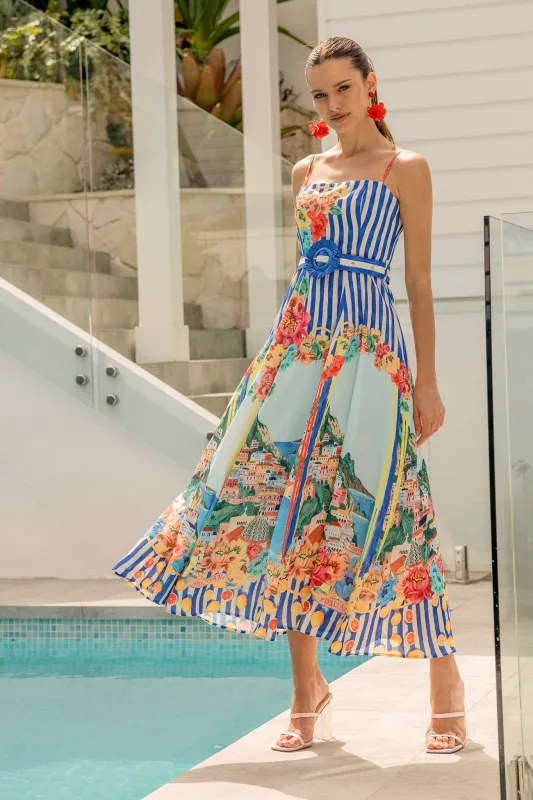Positano Whisper Maxi Sundress in Blue Multi Cotton Linen Blend made by Bubblegum