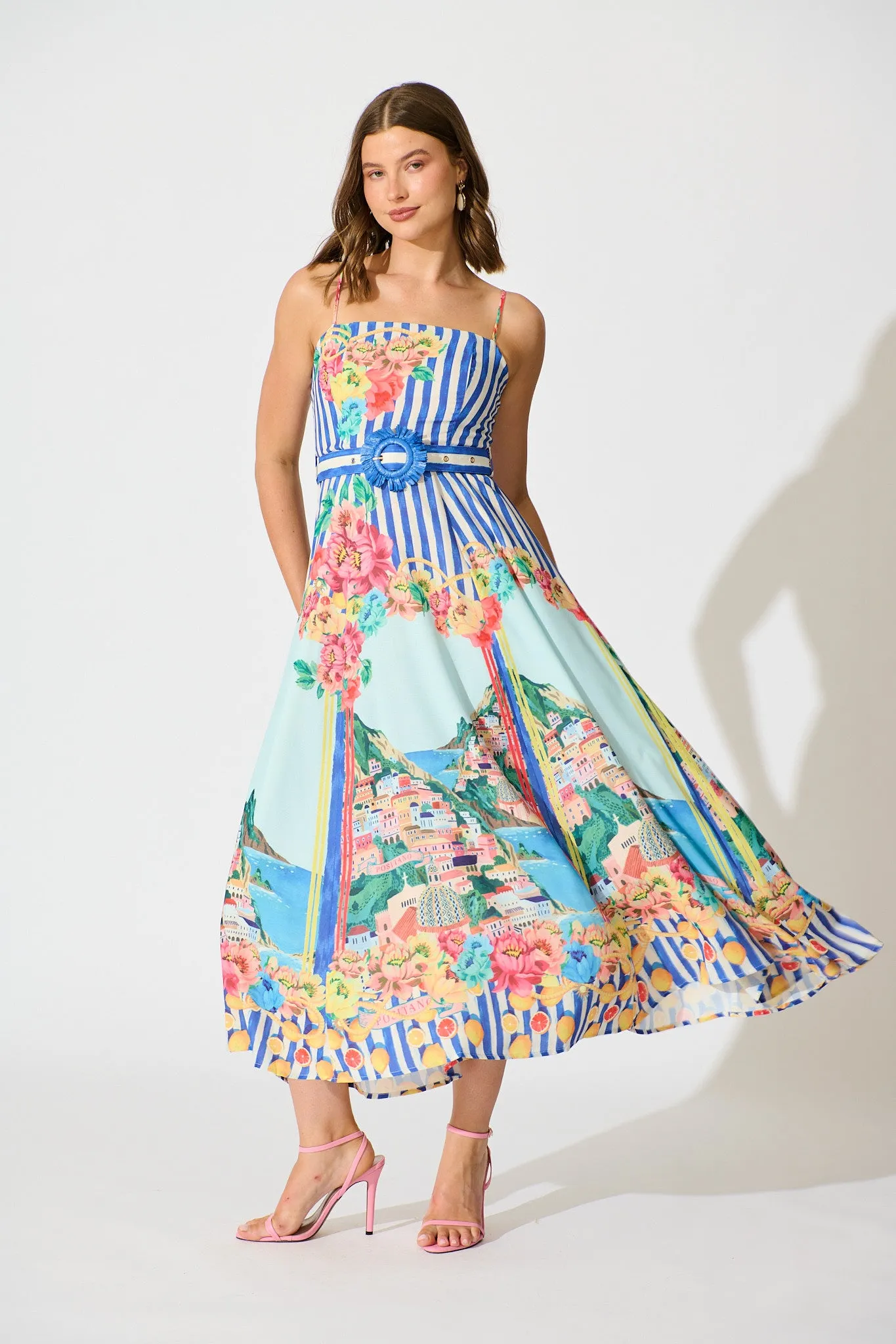 Positano Whisper Maxi Sundress in Blue Multi Cotton Linen Blend sold by St Frock product image thumbnail 3