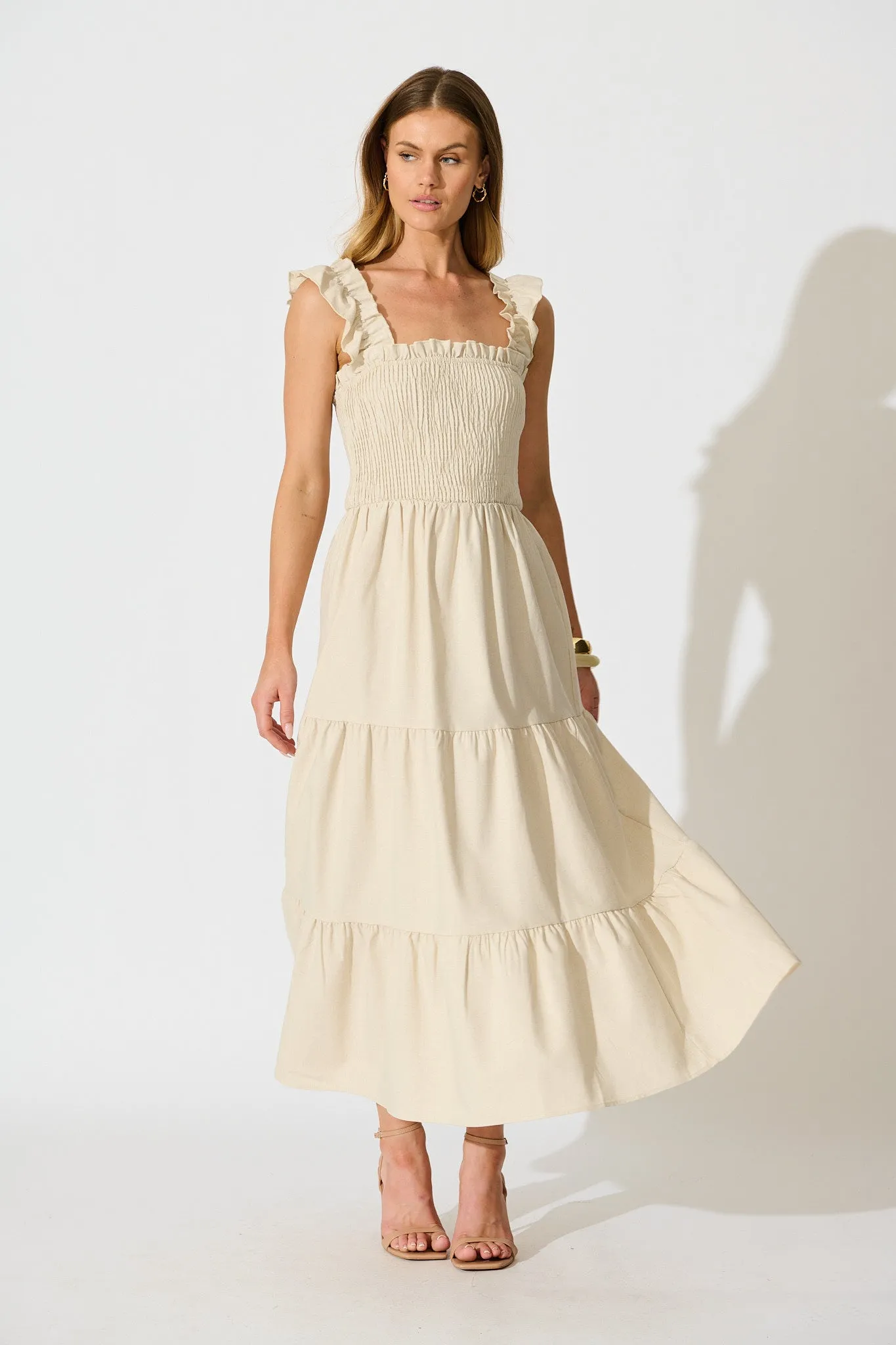 Ailsa Maxi Dress in Oatmeal Cotton Linen Blend sold by St Frock