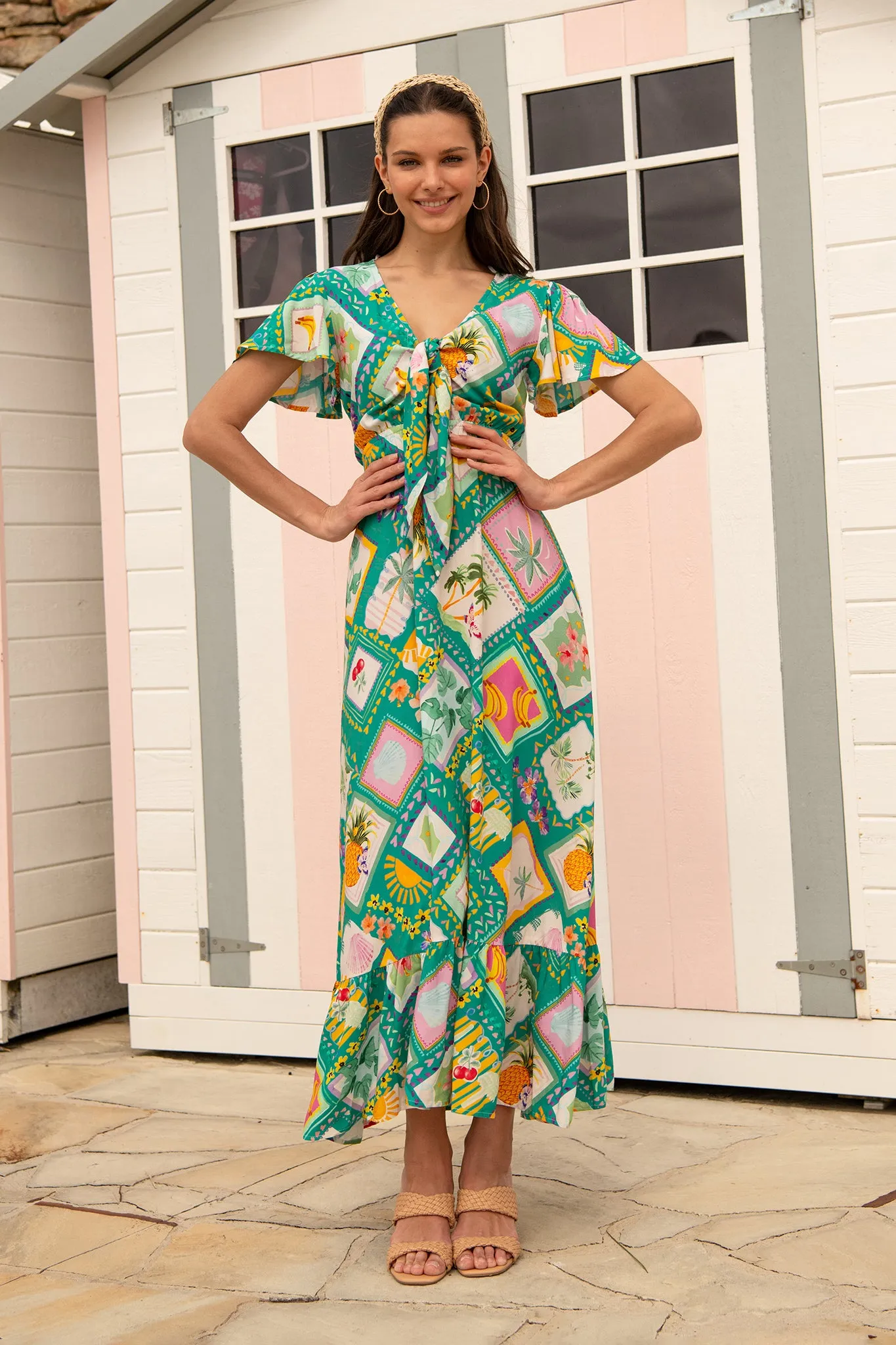 Georgina Maxi Dress In Green with Multi Tile Print sold by St Frock product image thumbnail 4