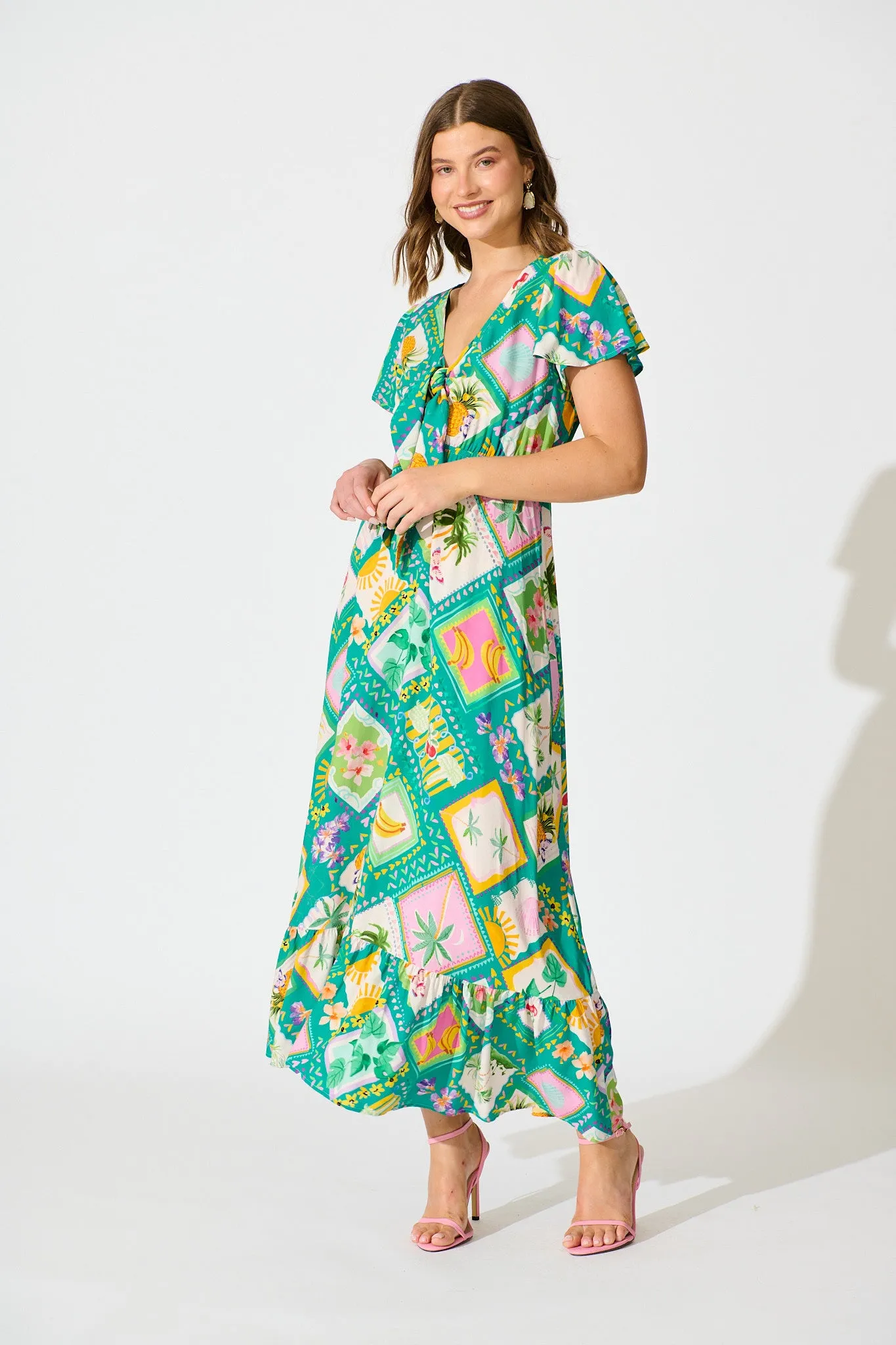 Georgina Maxi Dress In Green with Multi Tile Print sold by St Frock product image thumbnail 3